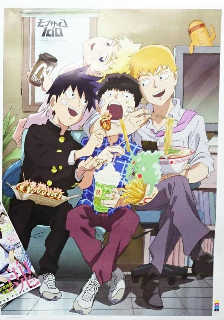 Mob Psycho 100, anime boys, fast food, SD Phone Wallpaper