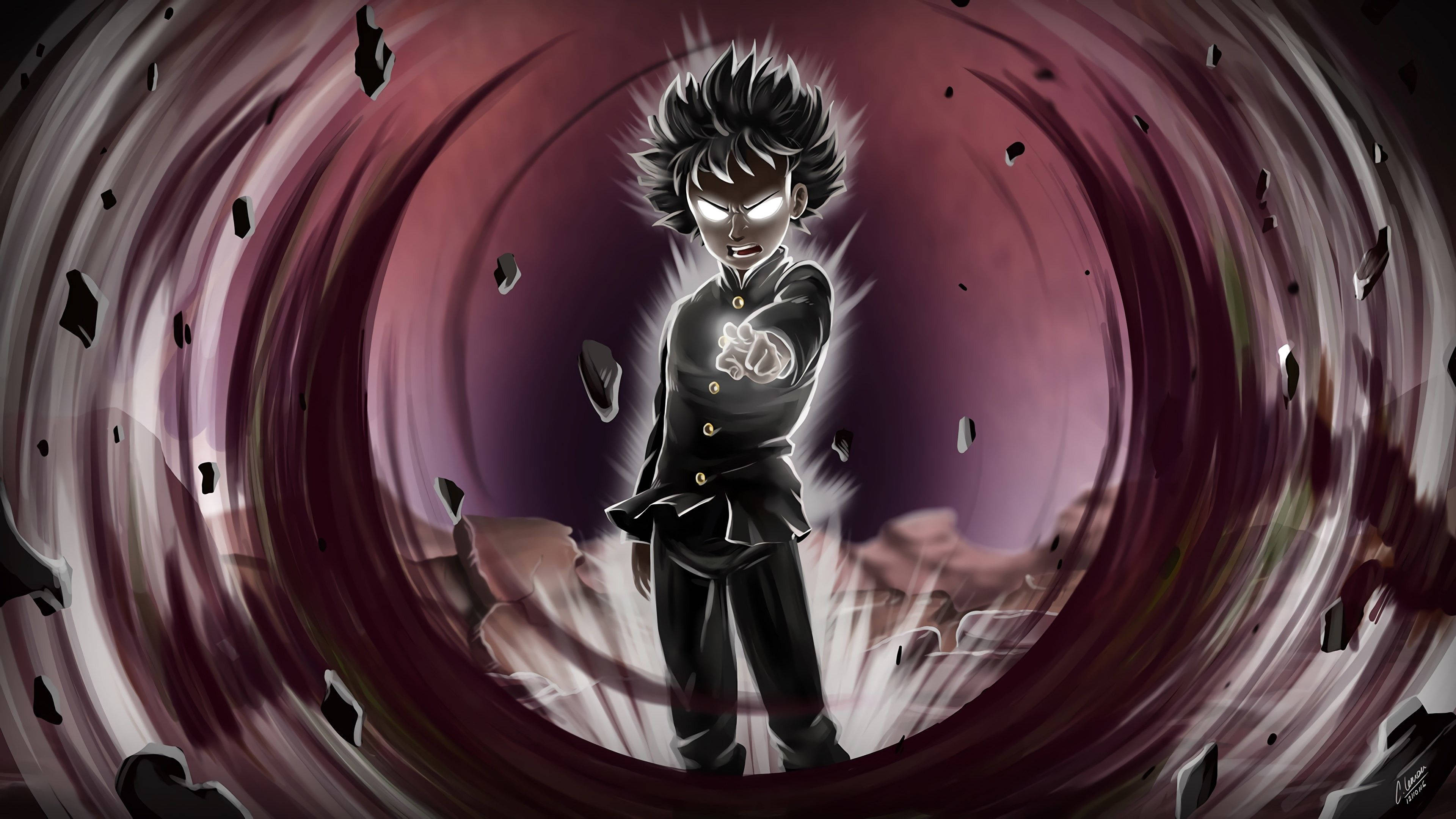 Mob Psycho 100, spiky-haired anime boy, black uniform, 4K Desktop Wallpaper