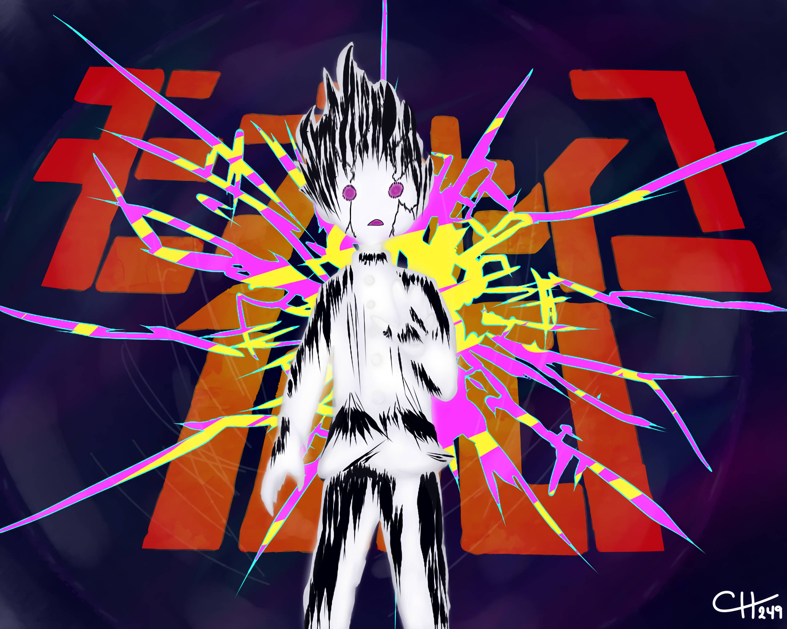 Mob Psycho, neon yellow, pink energy, 2K Desktop Wallpaper
