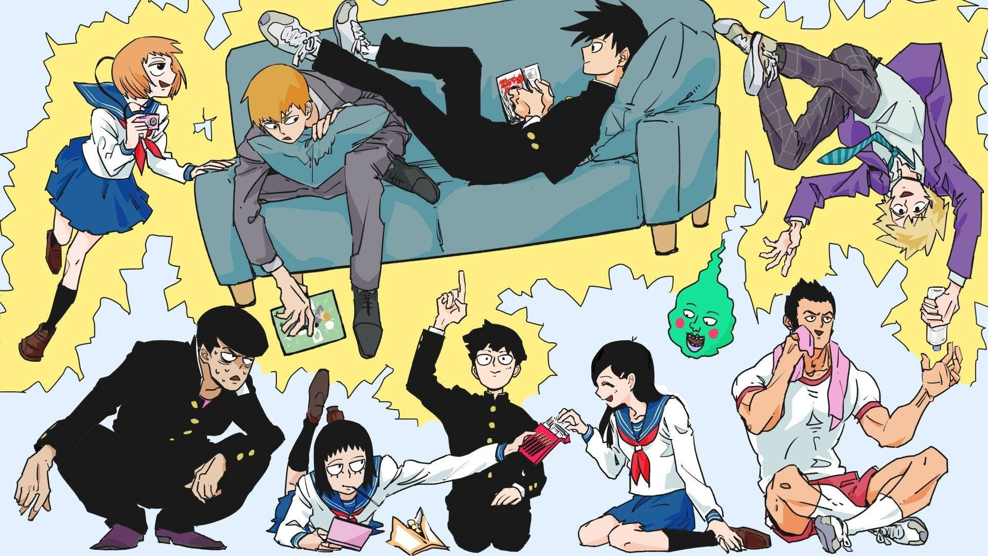 Mob Psycho 100, school uniforms, blue couch, Full HD Desktop Wallpaper