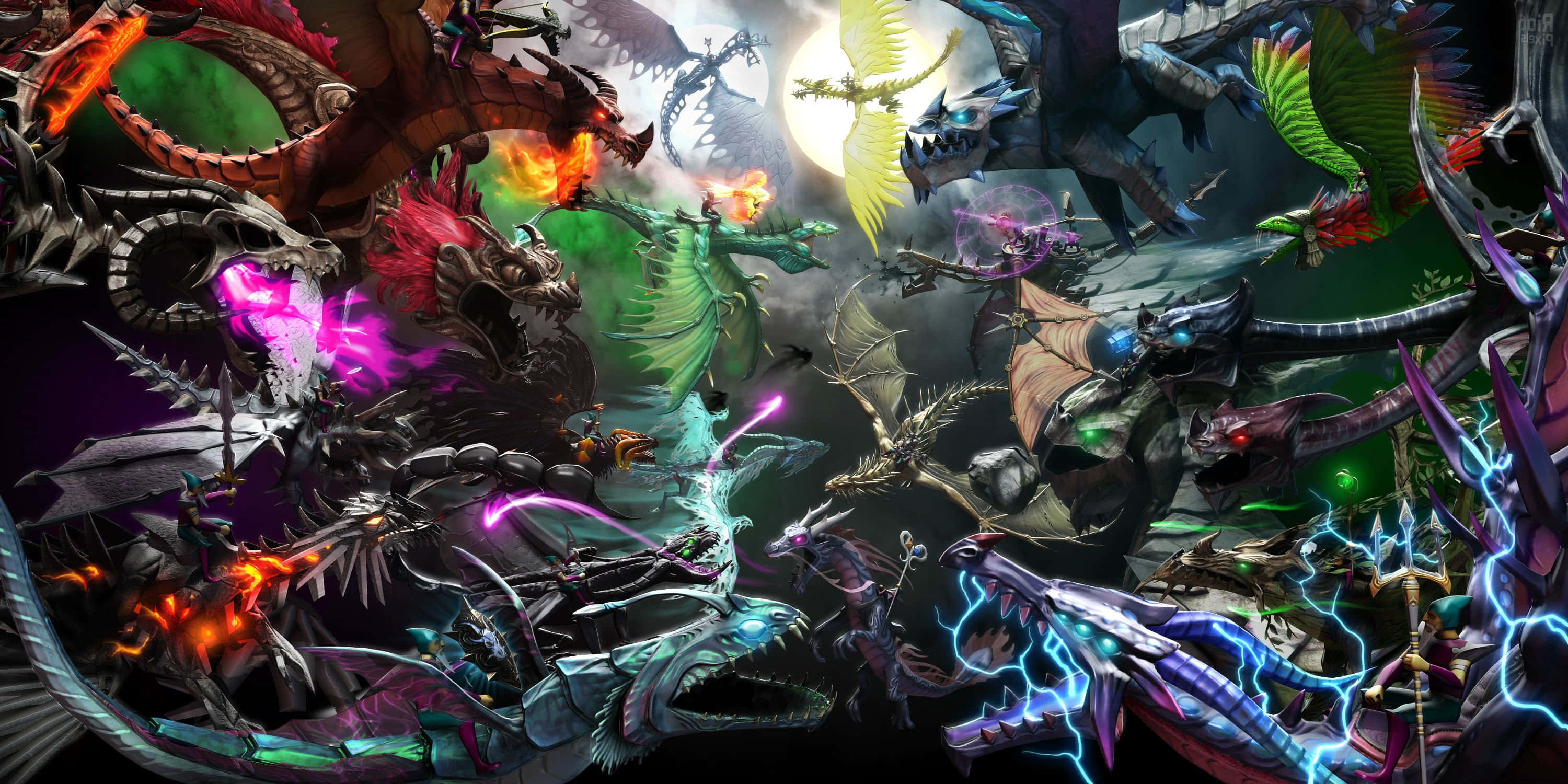 Moba Games, colorful dragons, glowing eyes, 2K Desktop Wallpaper