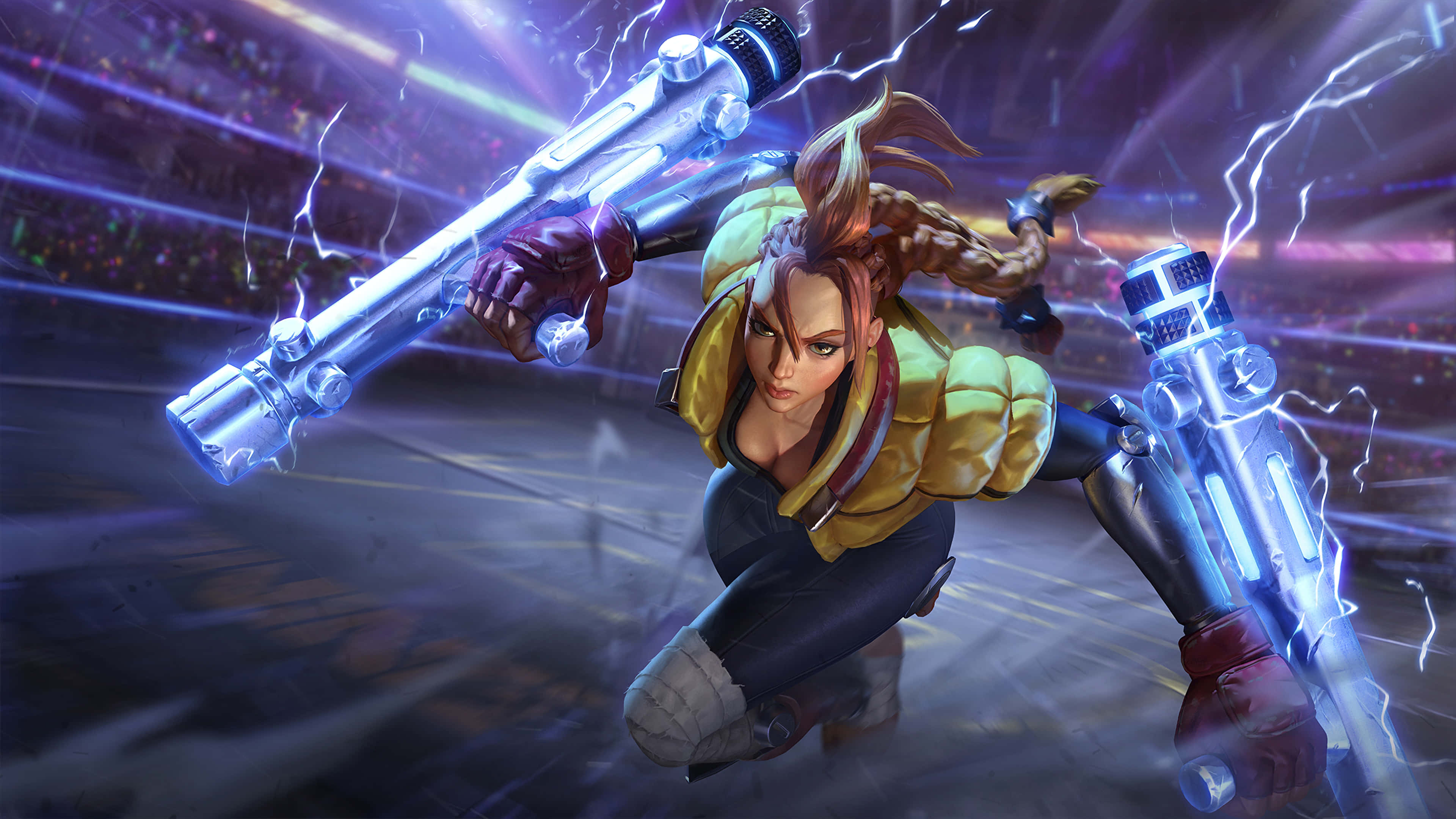 Moba Games, yellow jacket, glowing electric guns, 4K Desktop Wallpaper