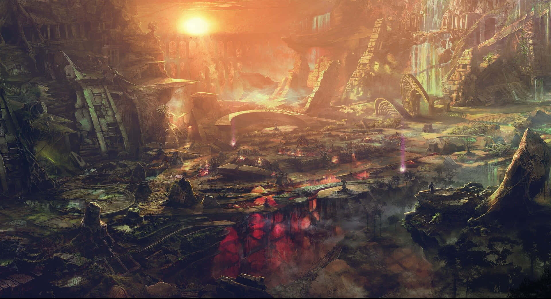 Moba Games, glowing sunset, ruined futuristic cityscape, Full HD Desktop Wallpaper