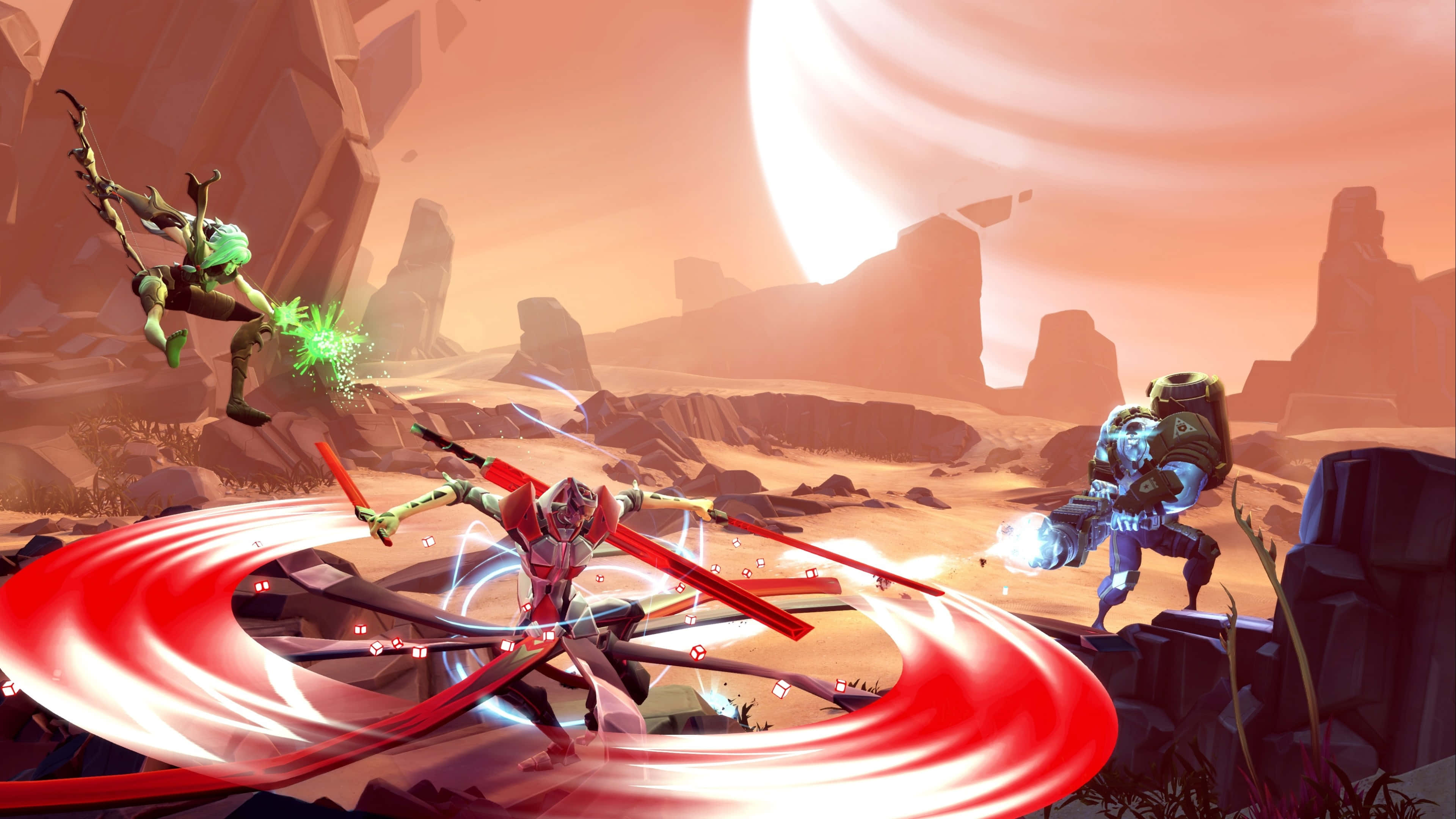 MOBA Battle Scene, desert canyon, giant glowing moon, 4K Desktop Wallpaper