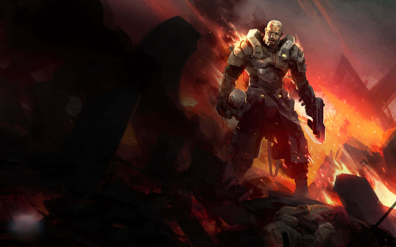 MOBA Games, grim armored soldier, fiery ruins, HD Desktop Wallpaper