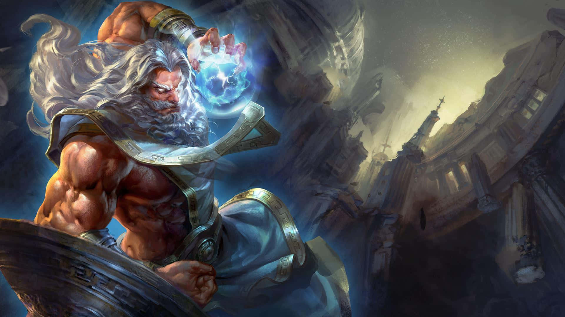 MOBA Battle Scene, glowing blue orb, crumbling ancient ruins, Full HD Desktop Wallpaper