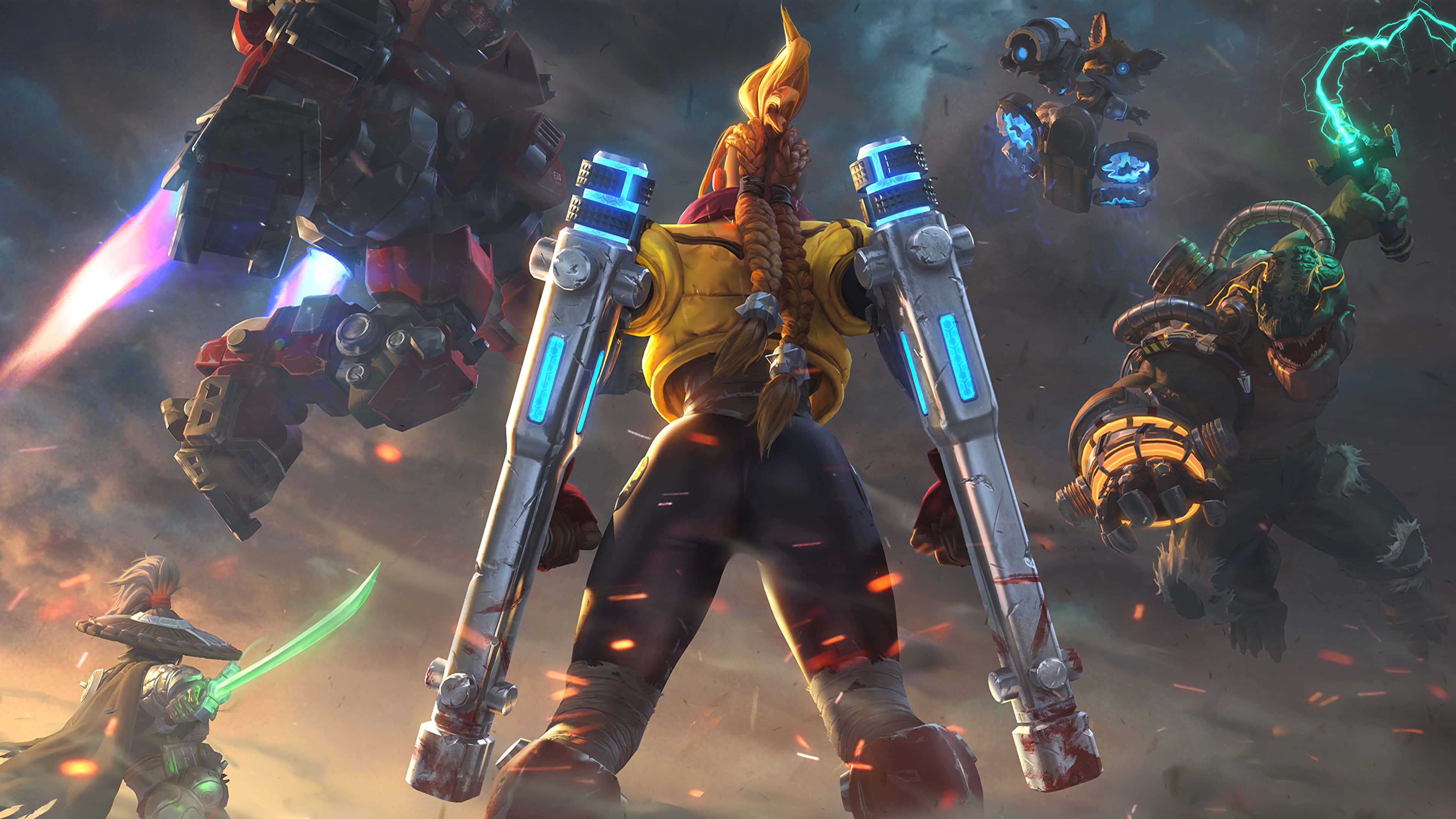 Moba Games, fiery-haired warrior, glowing blue cannons, 4K Desktop Wallpaper