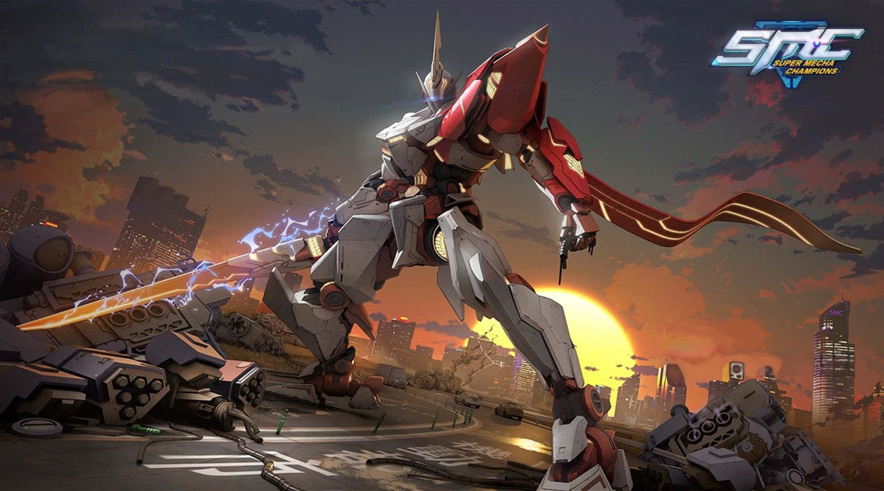 red and silver mecha, glowing sword, ruined cityscape, HD Desktop Wallpaper