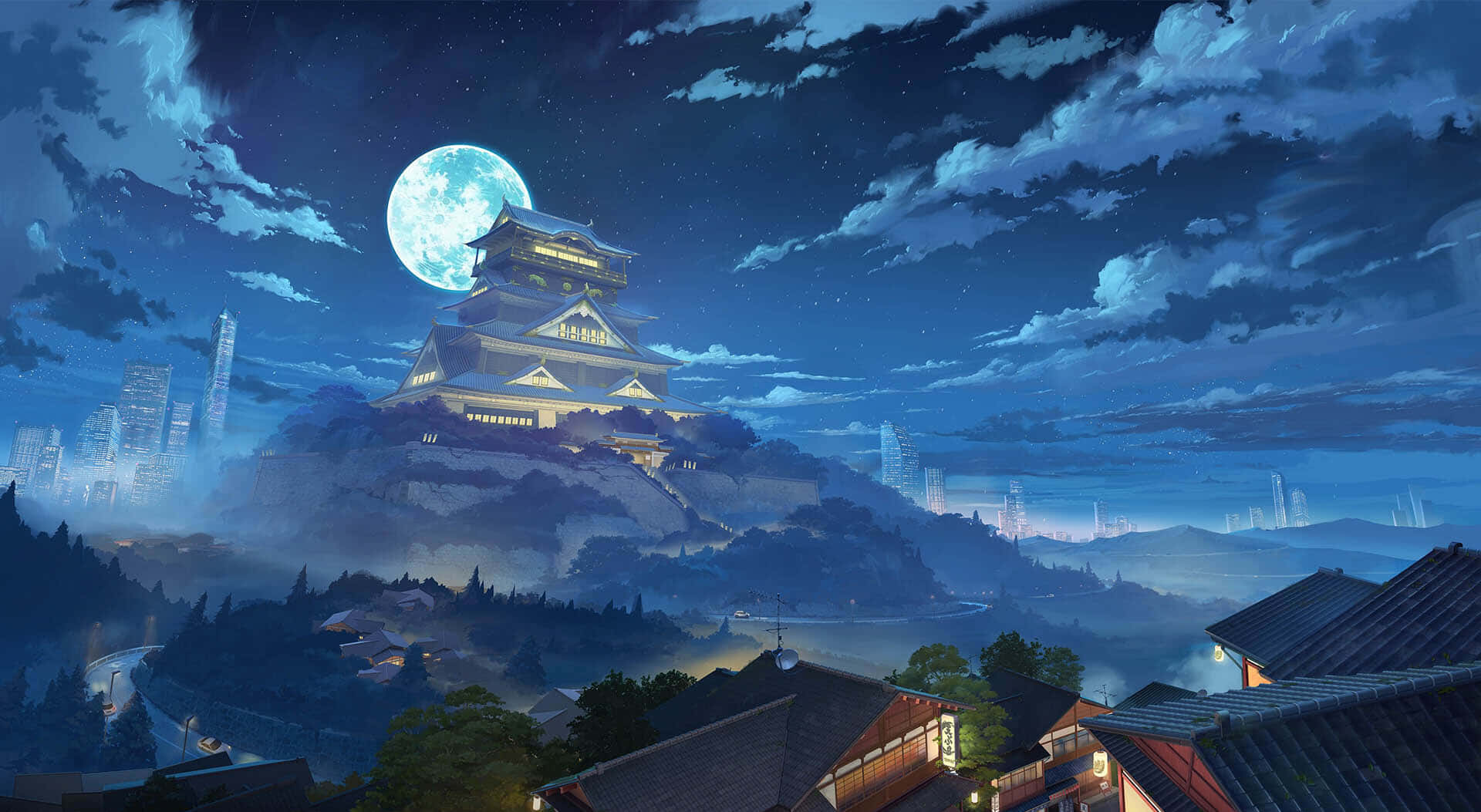 Moba Games, traditional Japanese castle, massive moon, Full HD Desktop Wallpaper