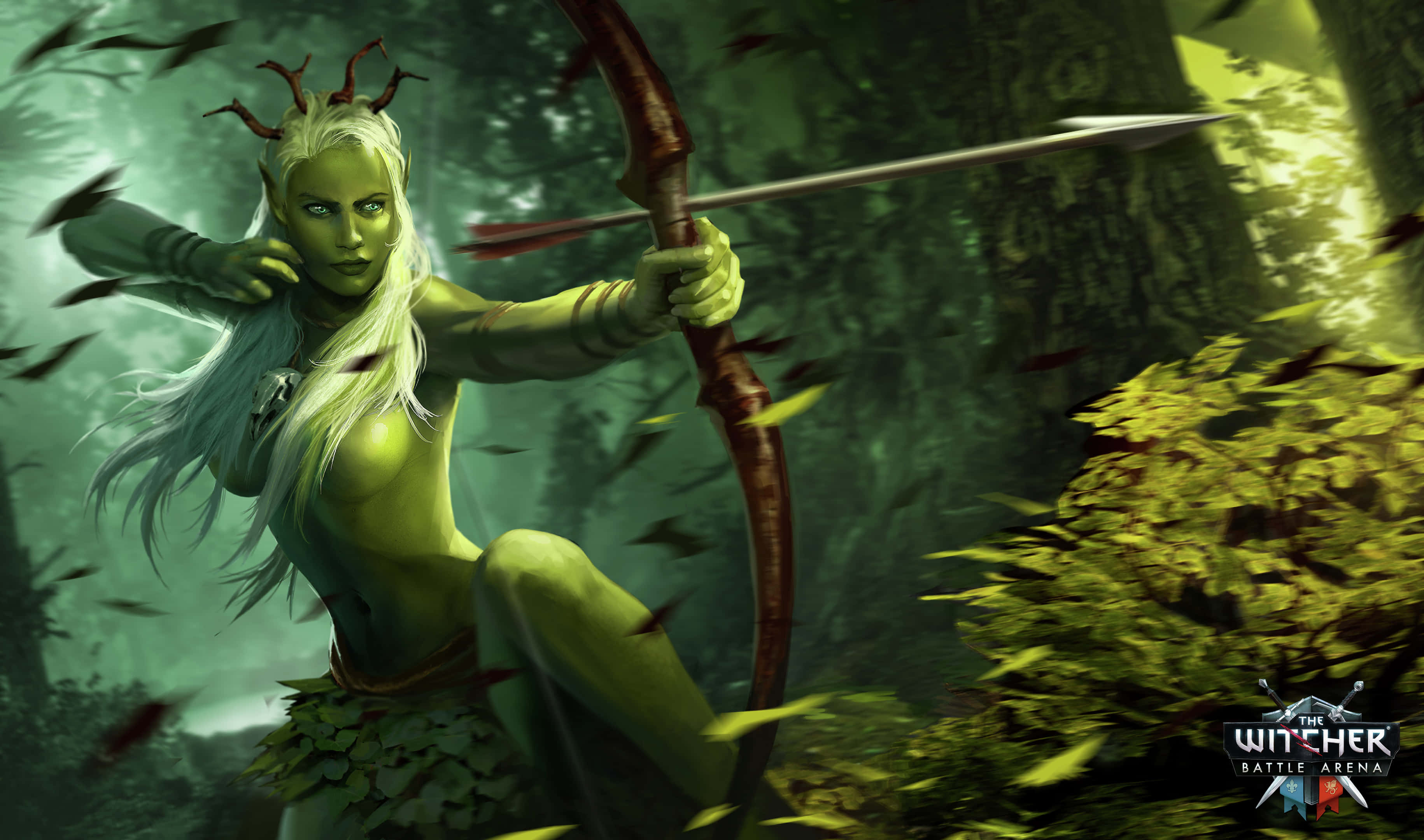MOBA Battle Scene, green-skinned elf archer, white hair, 2K Desktop Wallpaper