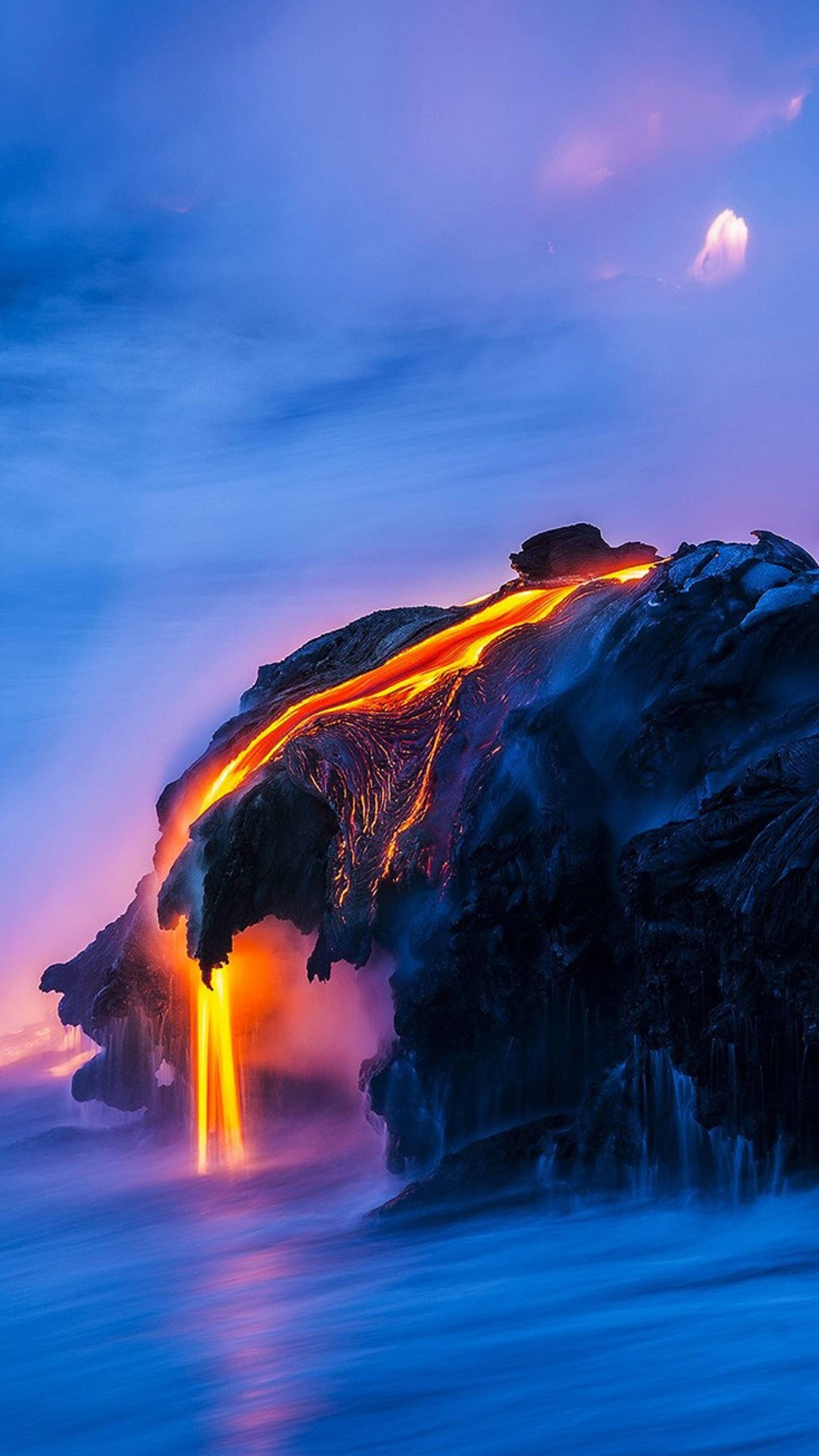 lava flow, ocean, rugged cliff, 4K Phone Wallpaper
