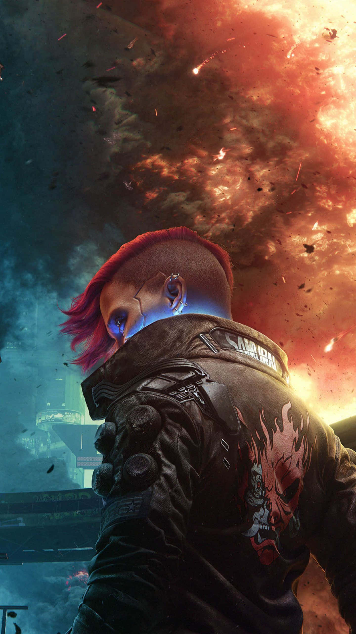 cyberpunk warrior, red mohawk, glowing blue eyes, 2K Phone Wallpaper