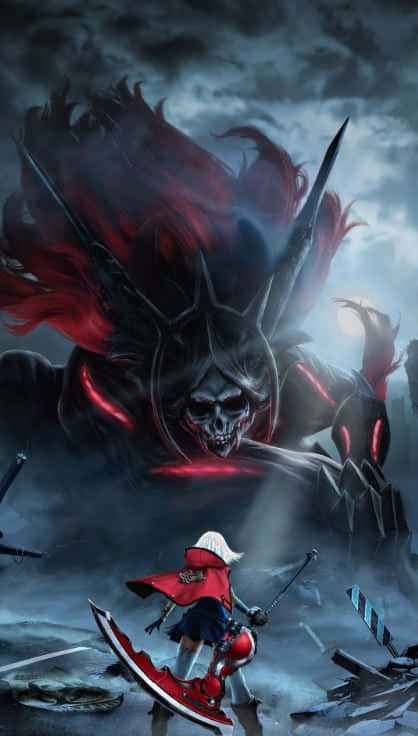 red cloak, towering skeletal demon, glowing red eyes, SD Phone Wallpaper