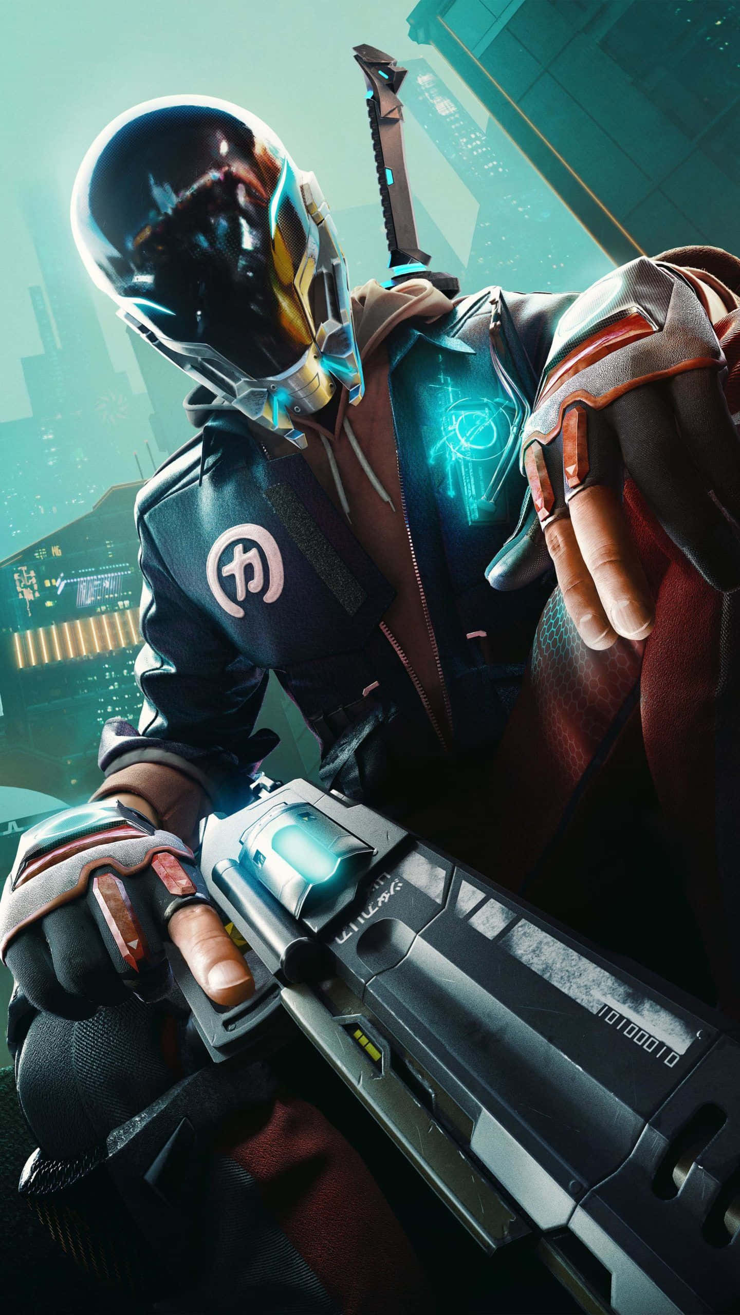futuristic warrior, glowing helmet, high-tech weapon, 2K Phone Wallpaper