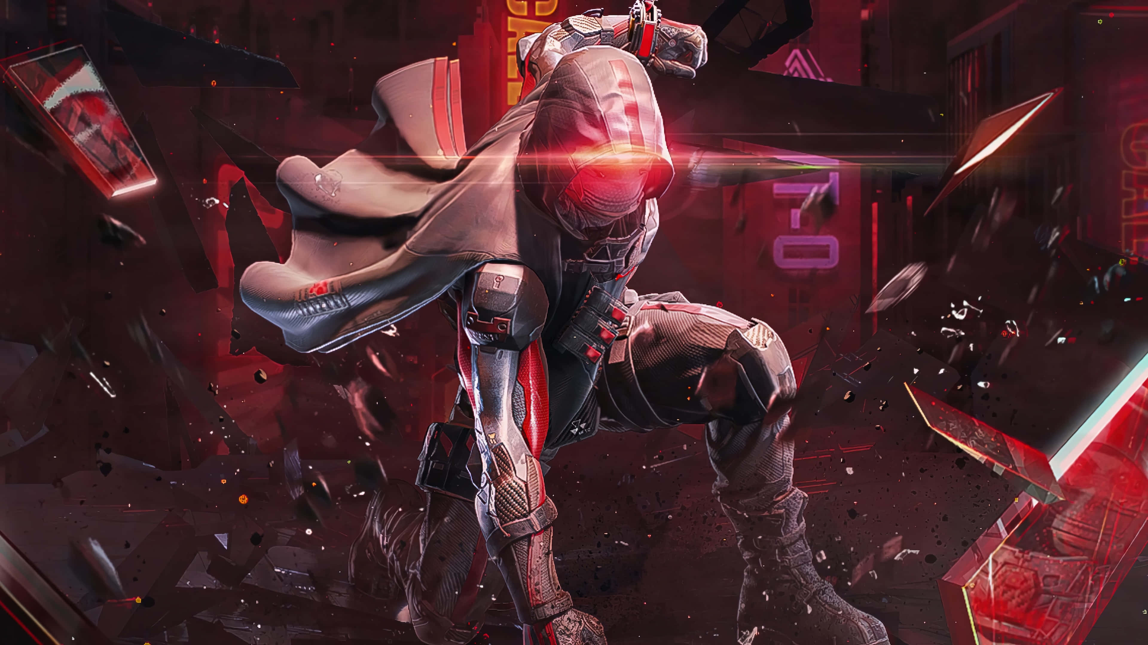 futuristic warrior, red and silver armor, neon-lit cyberpunk cityscape, 4K Desktop Wallpaper