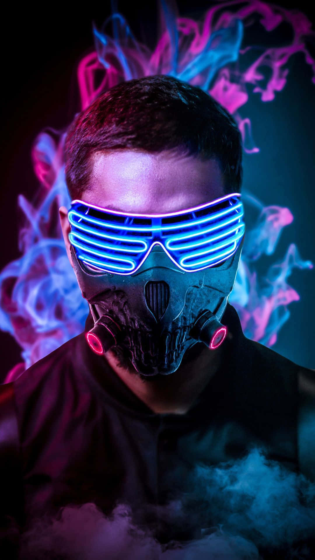 glowing blue and pink skull mask, swirling neon smoke, dark background, Full HD Phone Wallpaper