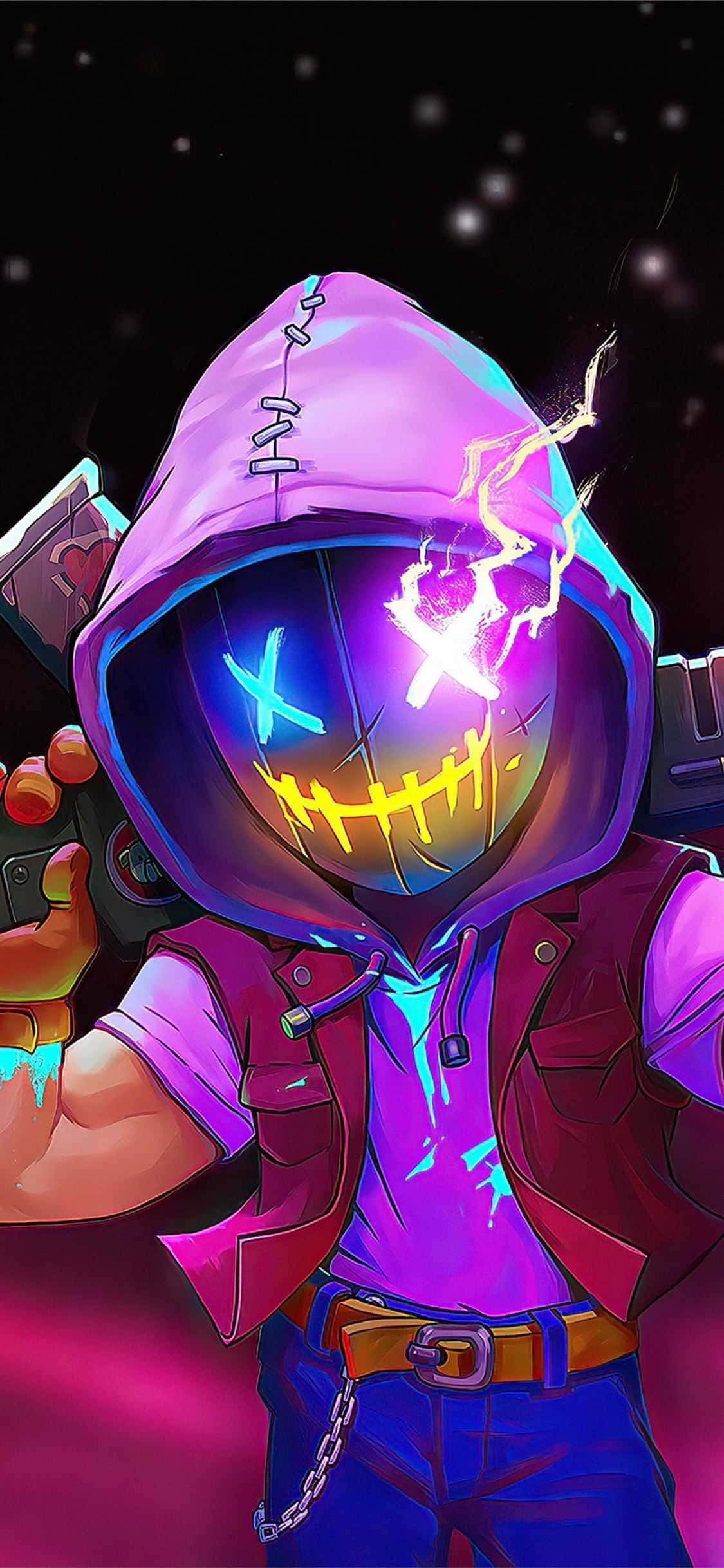 anime character, glowing stitched face, purple hoodie, Full HD Phone Wallpaper