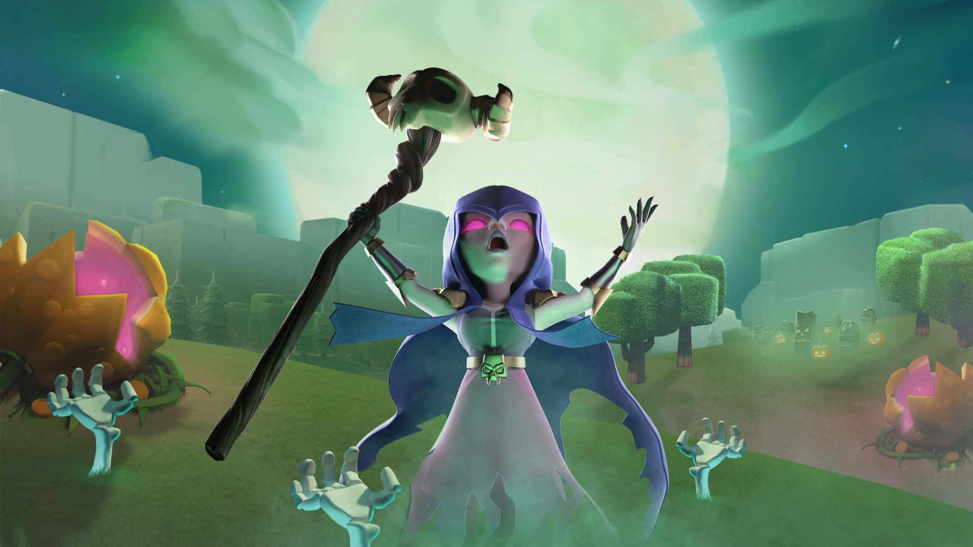 mobile gaming, glowing pink eyes, skull-topped staff, Full HD Desktop Wallpaper