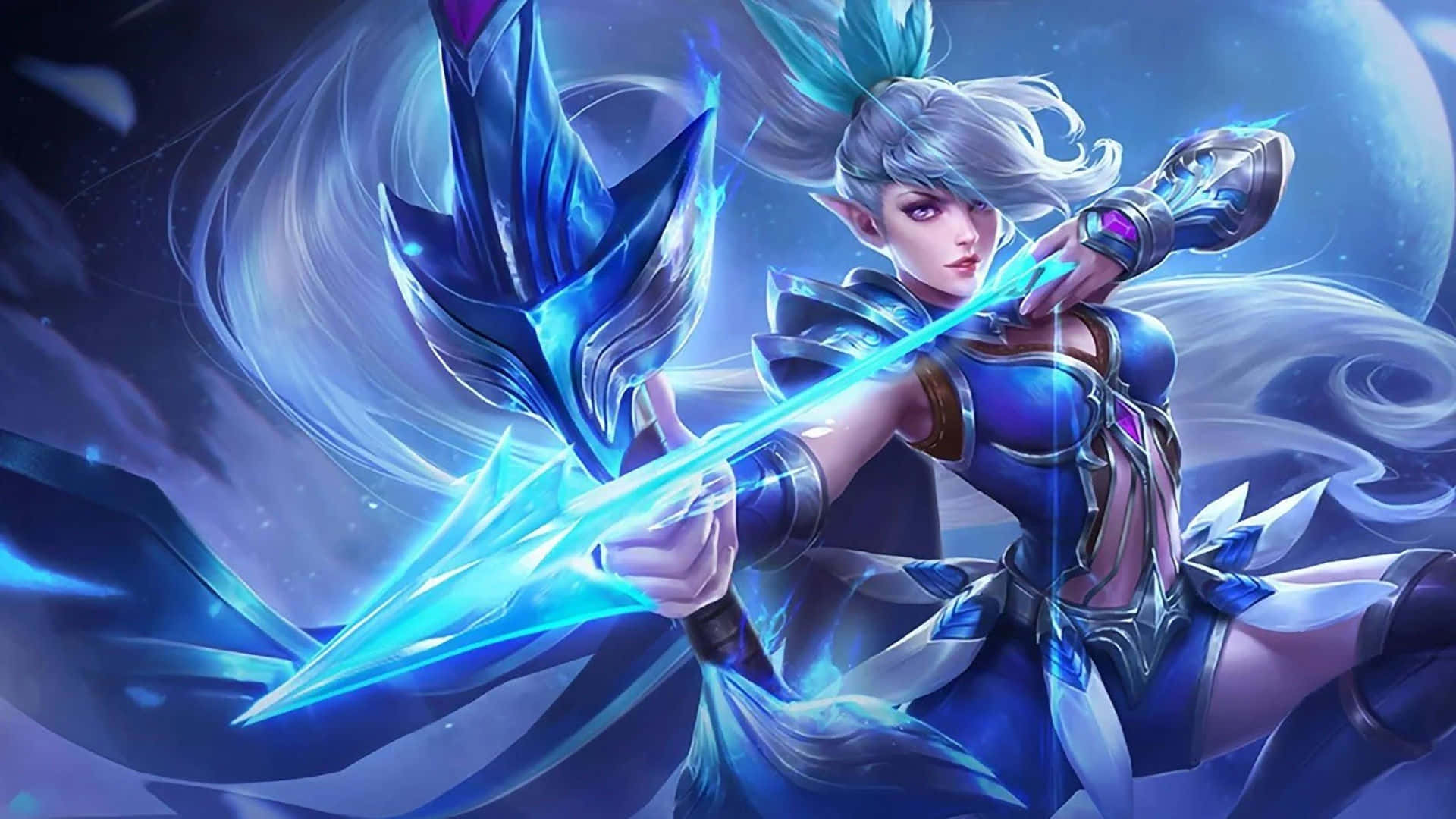fantasy elf warrior, silver hair, glowing blue spear, Full HD Desktop Wallpaper