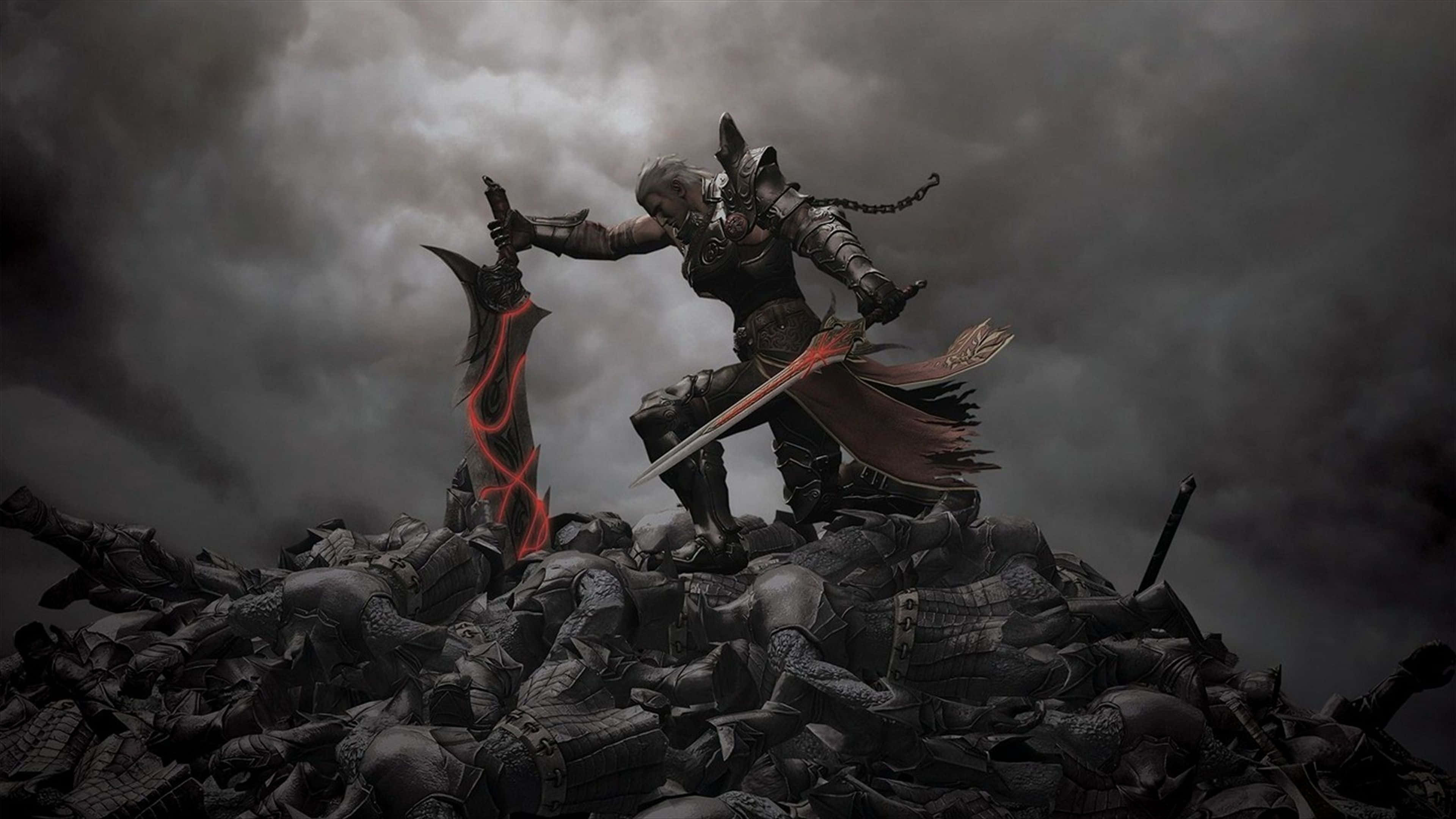 dark-armored warrior, glowing red blades, stormy skies, 4K Desktop Wallpaper