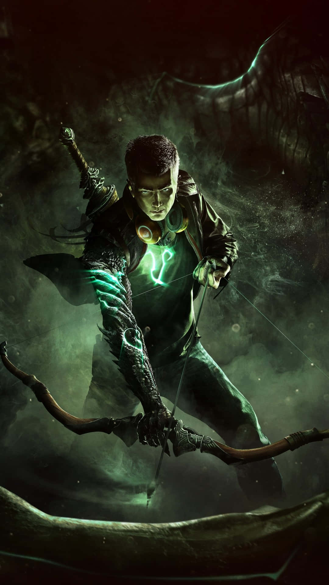 mobile gamer, glowing green runes, bow, Full HD Phone Wallpaper
