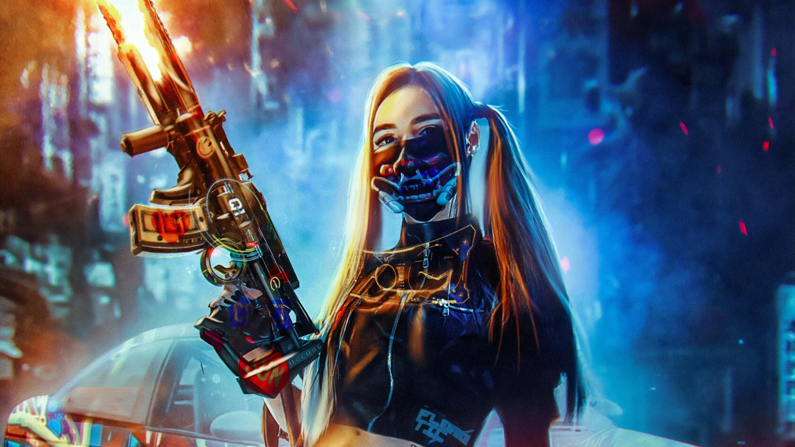 cyberpunk woman, skull mask, glowing weapon, 2K Desktop Wallpaper