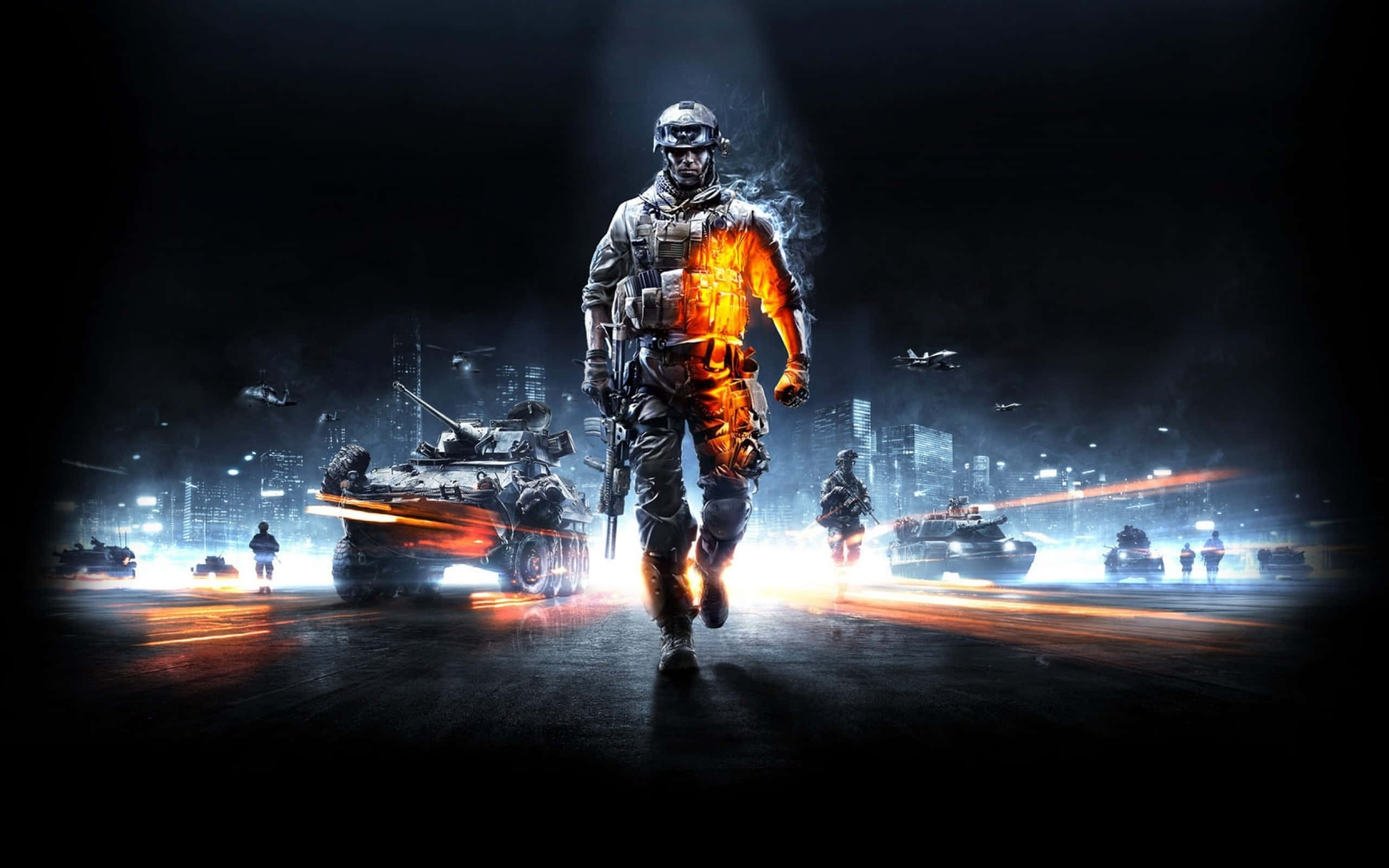 glowing orange armor, dark futuristic city street, armored vehicles, 2K Desktop Wallpaper