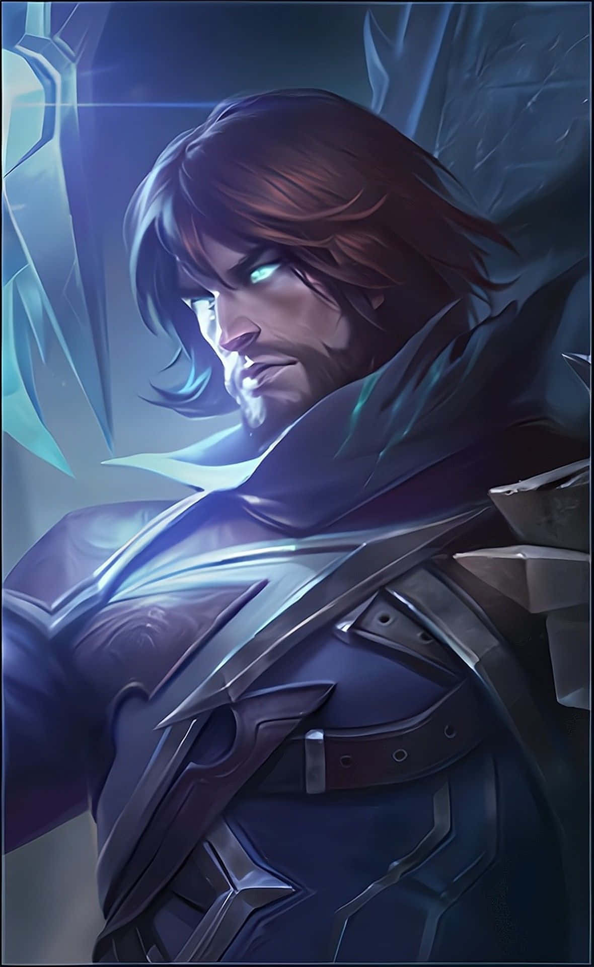 Mobile Legends Roger, glowing blue eyes, dark armor, Full HD Phone Wallpaper