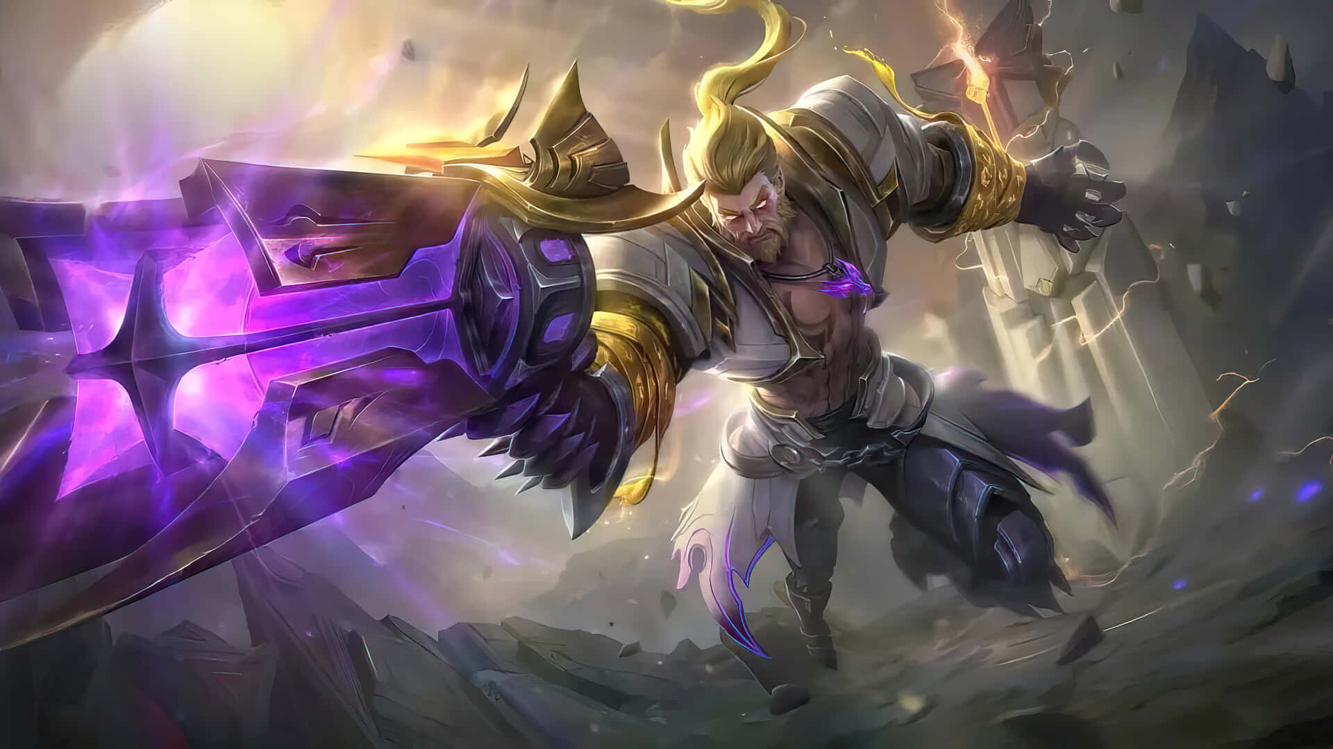 Mobile Legends Roger, epic battle stance, golden hair, Full HD Desktop Wallpaper