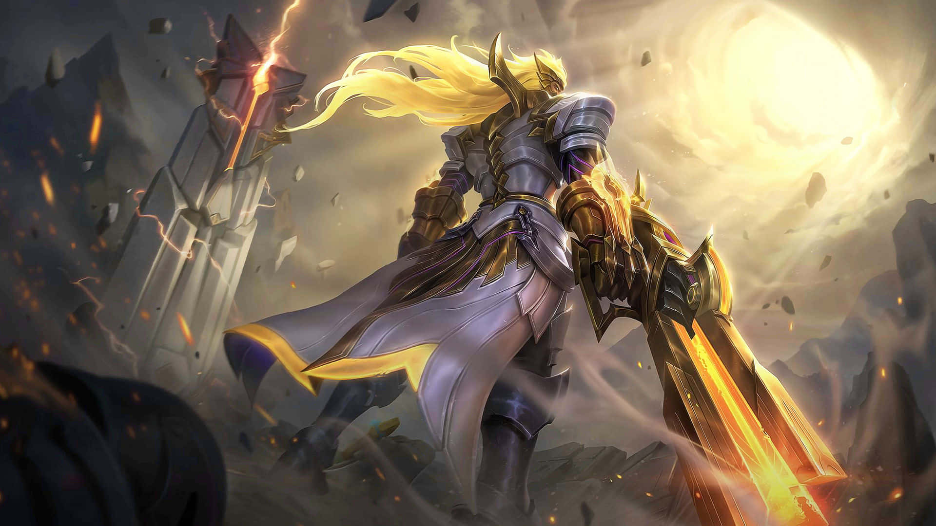 Mobile Legends Roger, golden-haired warrior, ornate silver armor, Full HD Desktop Wallpaper