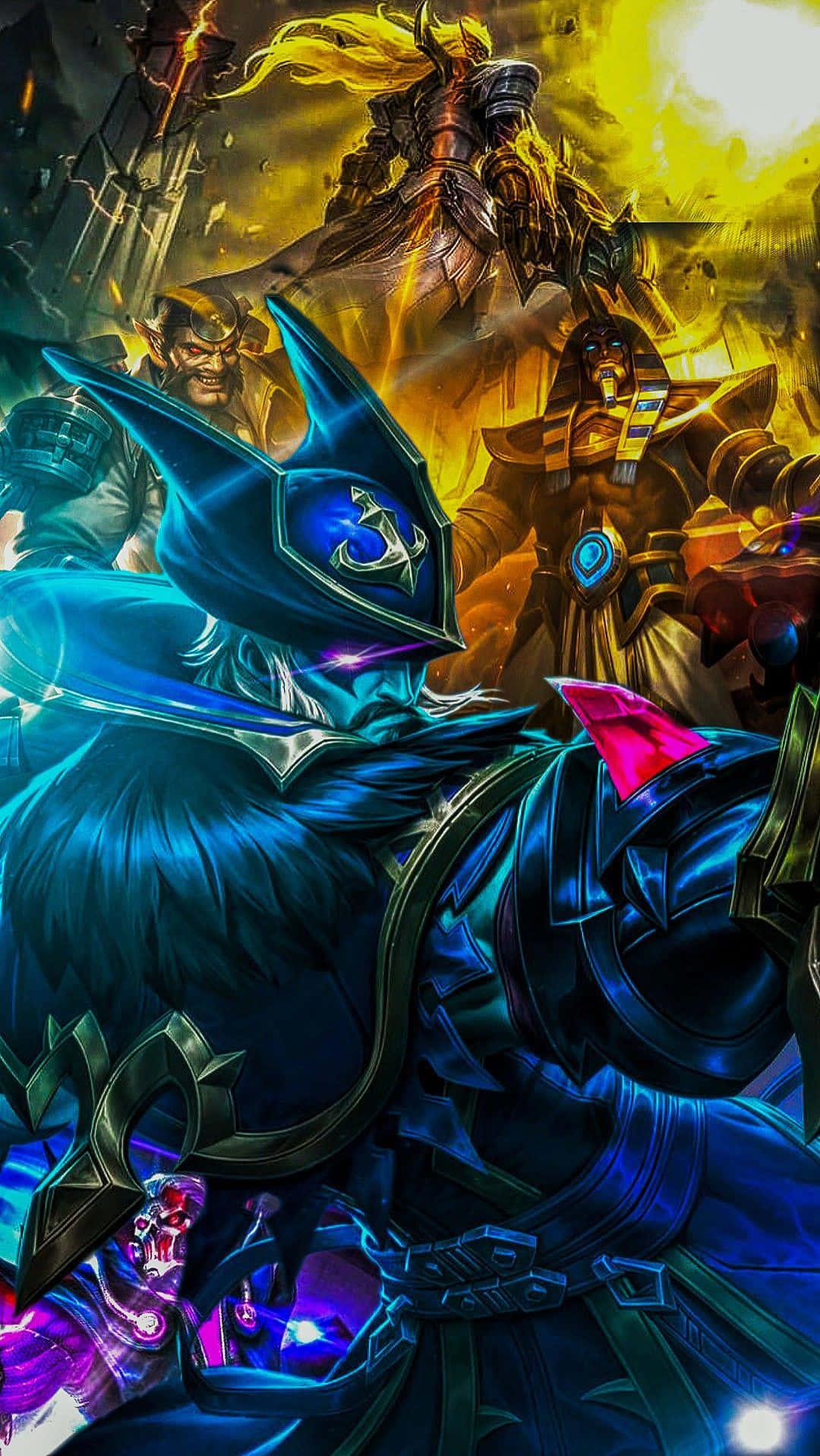 Mobile Legends Roger, blue armored warrior, glowing anchor emblem, HD Phone Wallpaper