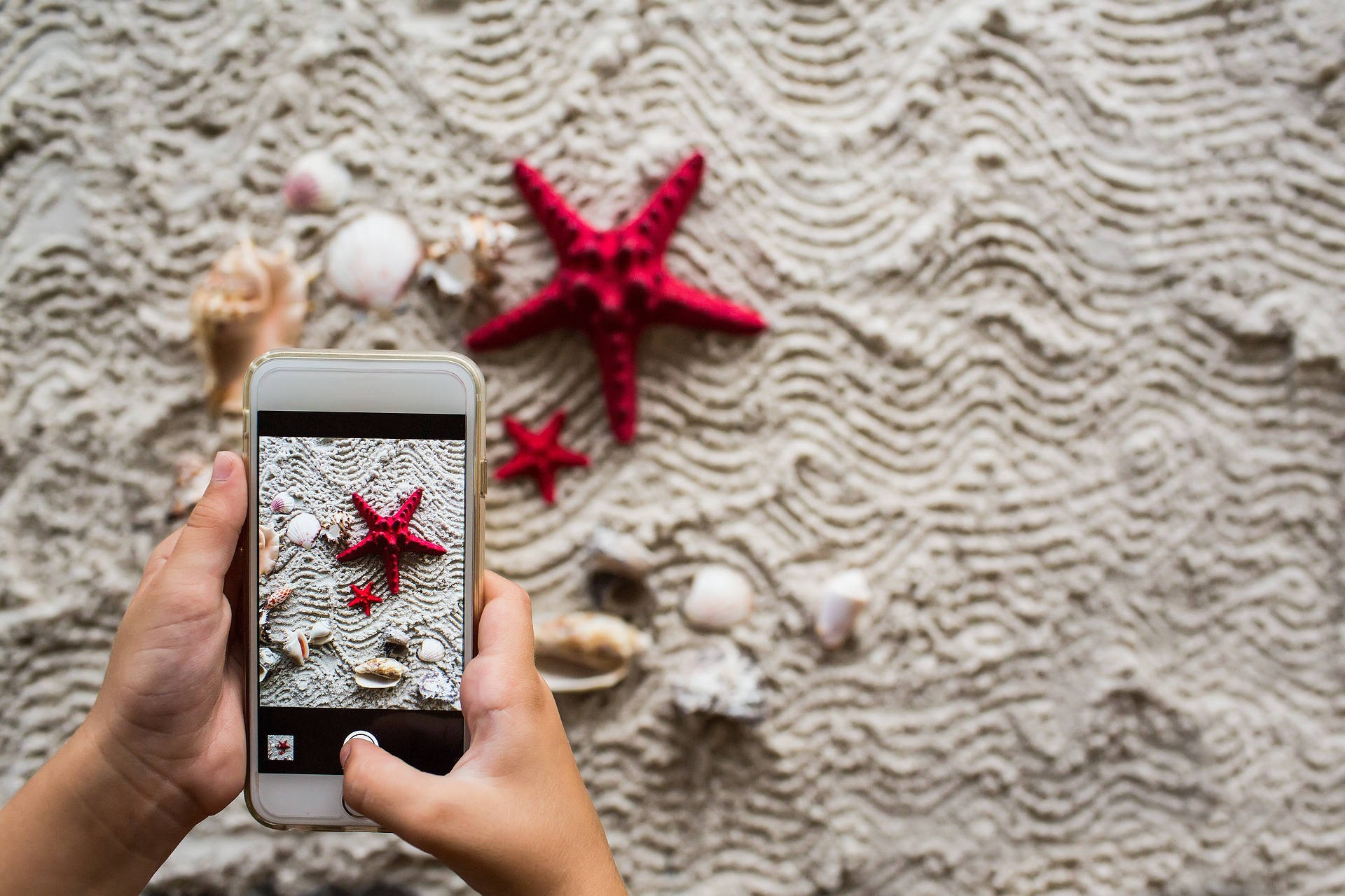 mobile phone, starfish, shells, Full HD Desktop Wallpaper