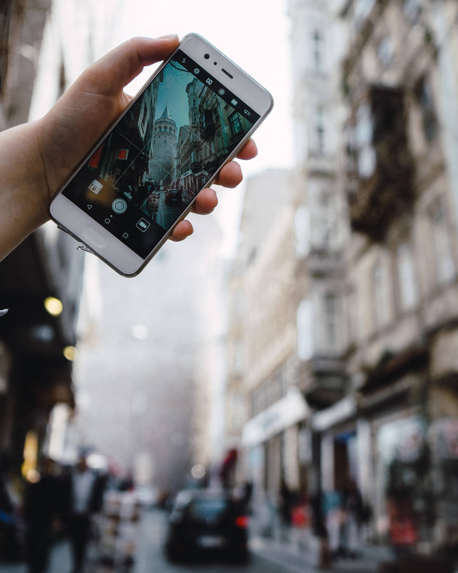 smartphone, historic tower, narrow European street, Full HD Phone Wallpaper