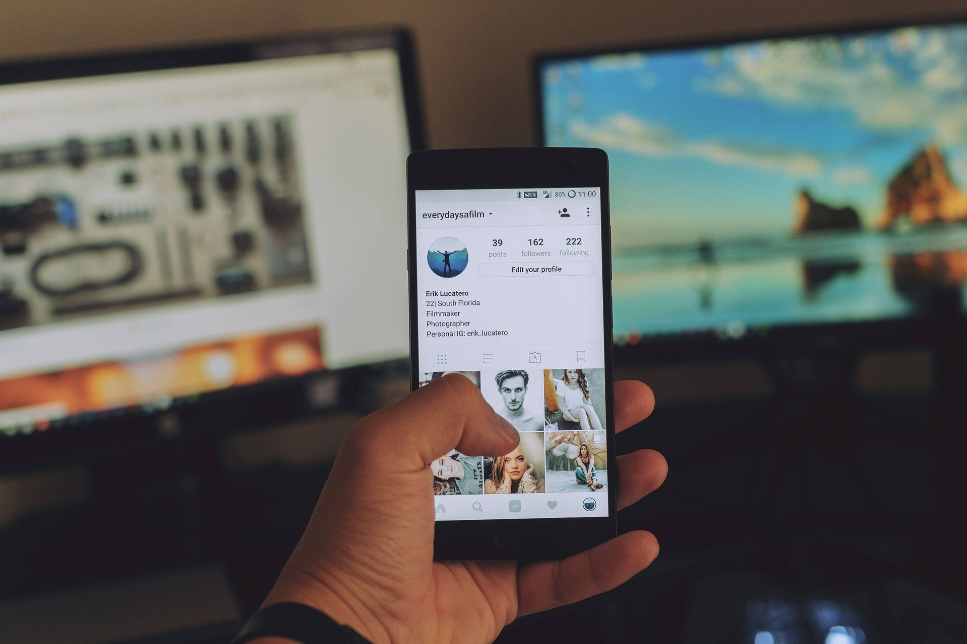 smartphone, Instagram profile, dual computer monitors, Full HD Desktop Wallpaper