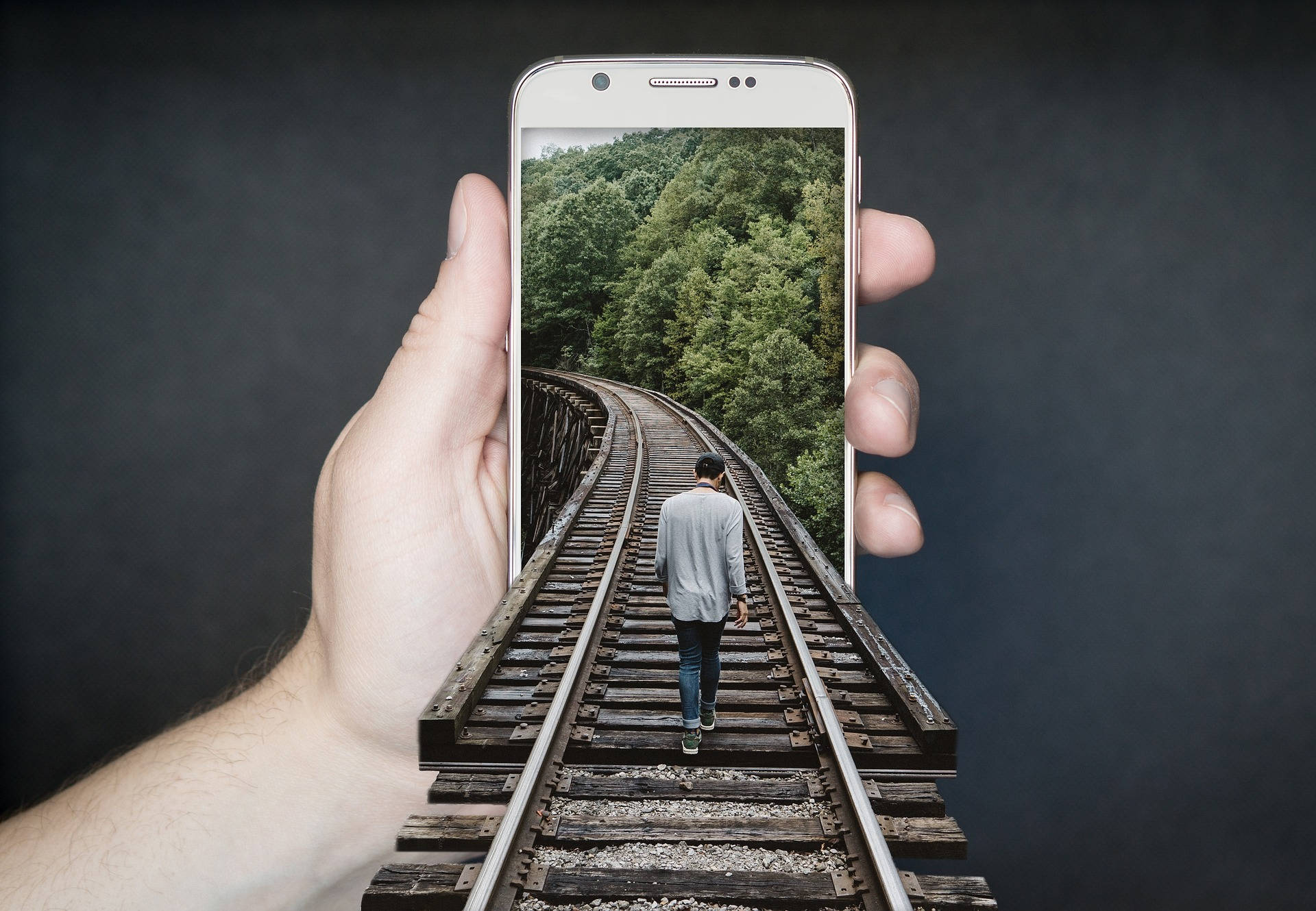 smartphone, forested railway track, man, Full HD Desktop Wallpaper