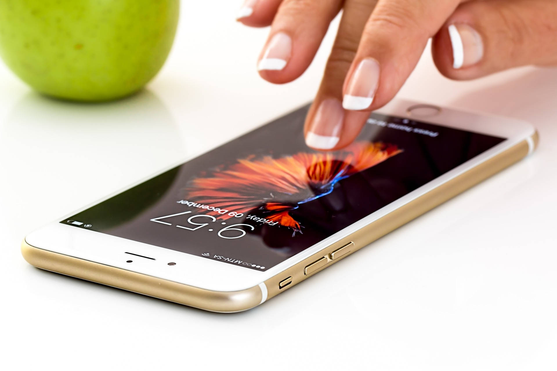 gold iPhone, fiery flower wallpaper, green apple, Full HD Desktop Wallpaper