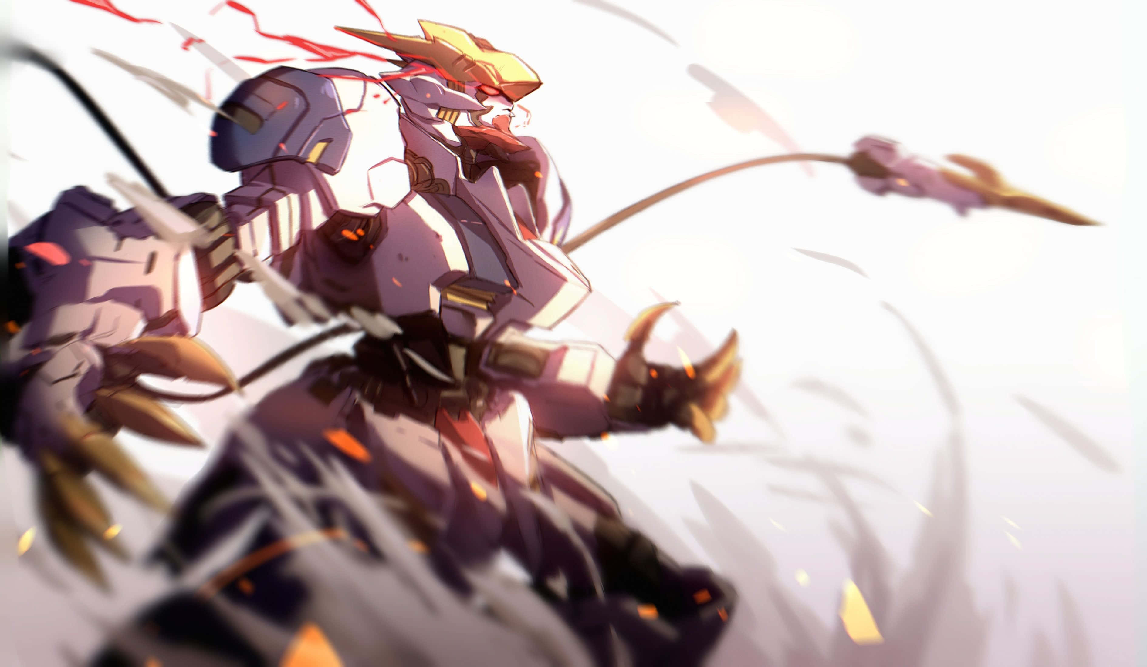 Mobile Suit Gundam Iron-blooded Orphans, white and purple armor, glowing red eyes, 2K Desktop Wallpaper