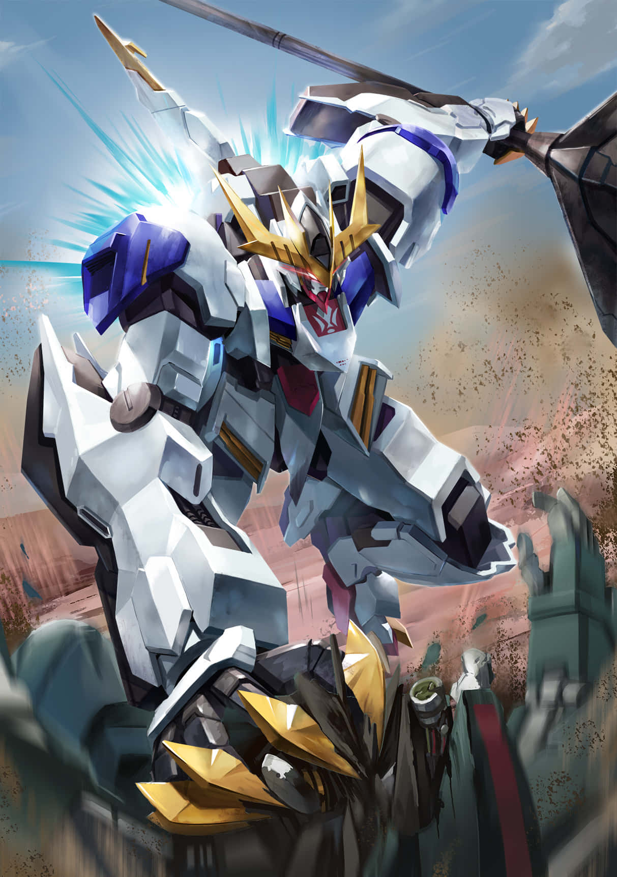 Mobile Suit Gundam Iron-blooded Orphans, white blue and gold mobile suit, glowing sword, HD Phone Wallpaper