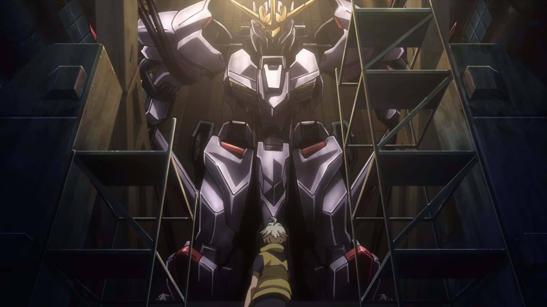 Mobile Suit Gundam Iron-blooded Orphans, white and gold mech, dim industrial hangar, Full HD Desktop Wallpaper