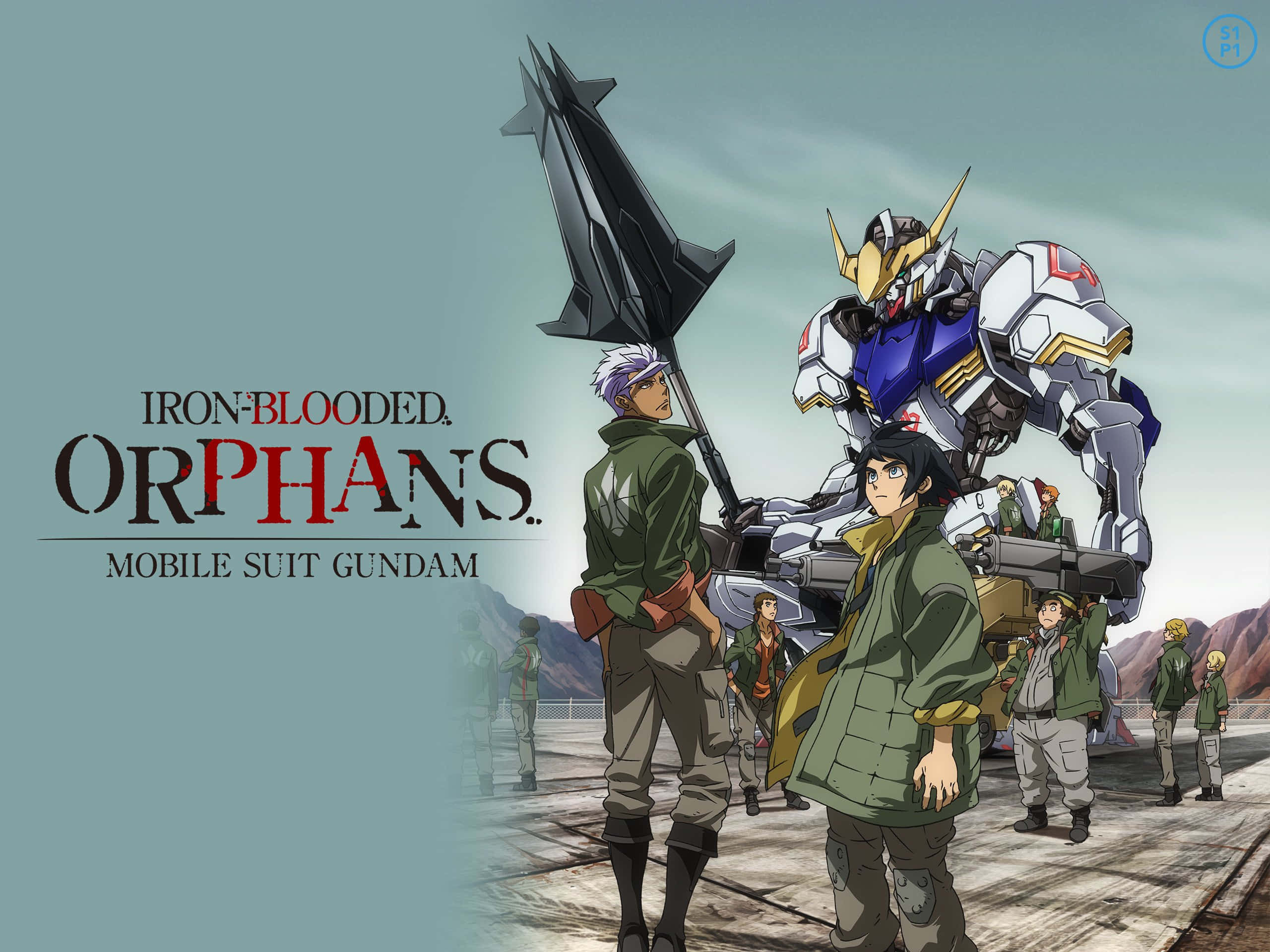 Mobile Suit Gundam Iron-blooded Orphans, blue and white mobile suit, giant black spear, 2K Desktop Wallpaper