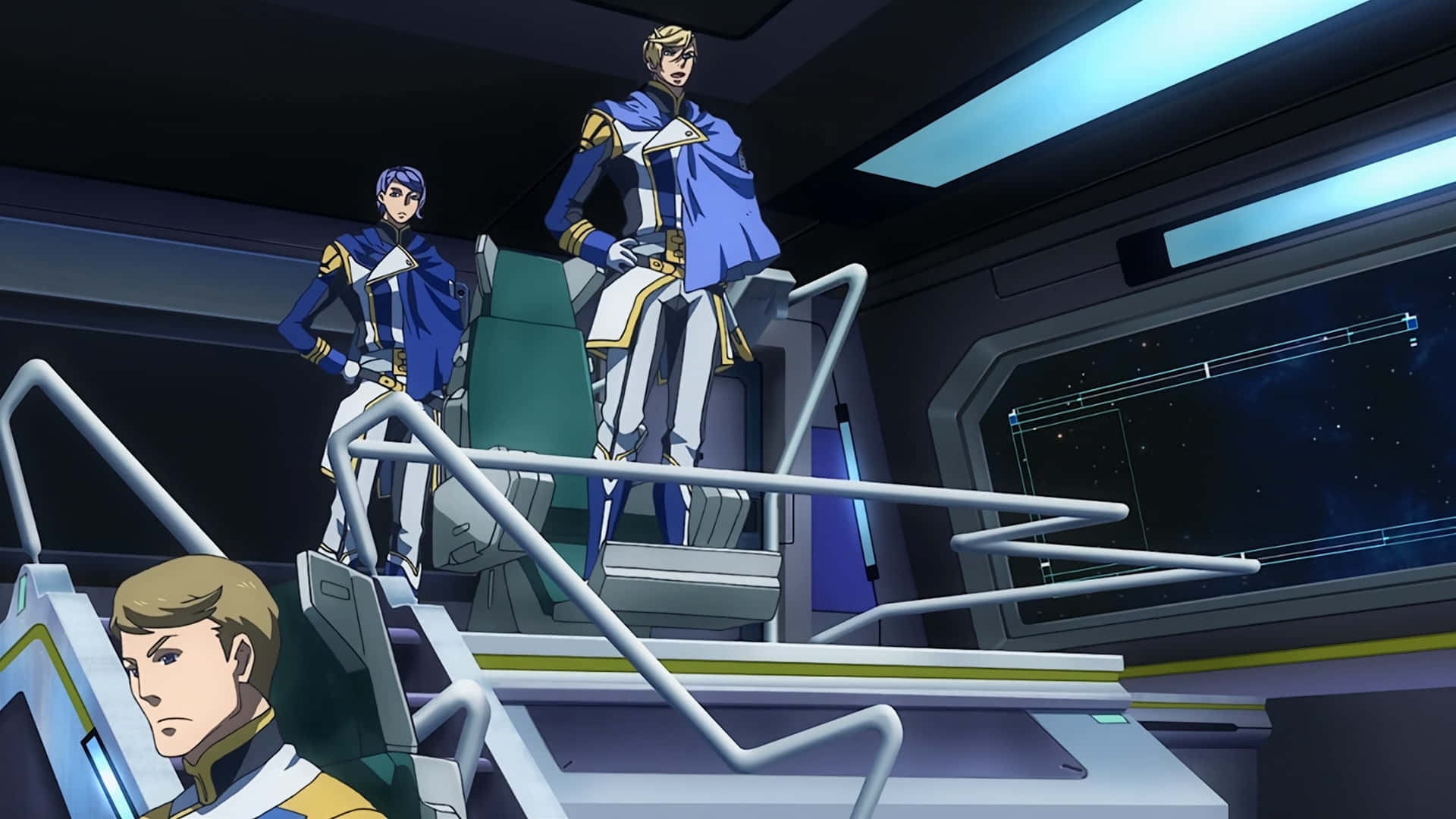Mobile Suit Gundam Iron-blooded Orphans, blue and gold uniforms, futuristic spaceship bridge, Full HD Desktop Wallpaper