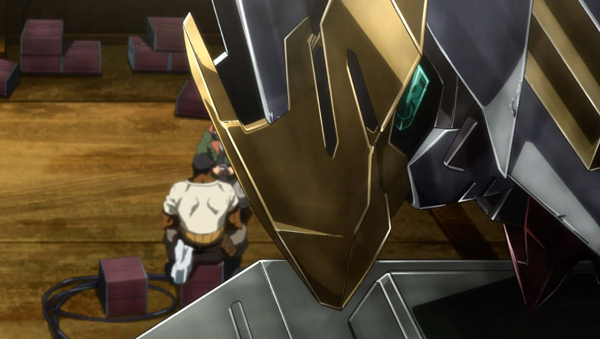 Mobile Suit Gundam Iron-blooded Orphans, gold and silver mecha, wooden arena, HD Desktop Wallpaper