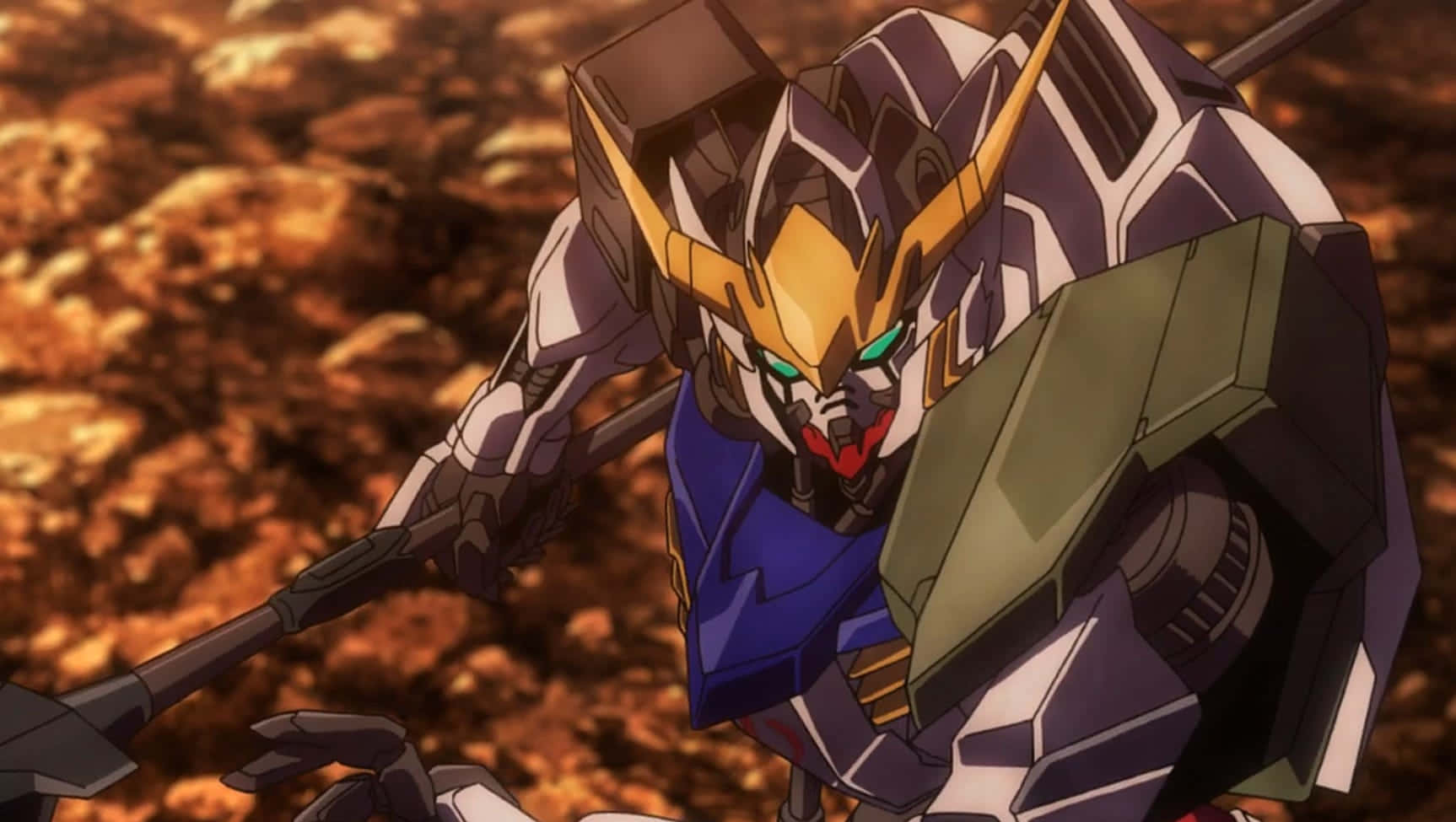 Mobile Suit Gundam Iron-blooded Orphans, gold and blue accents, rocky terrain, HD Desktop Wallpaper
