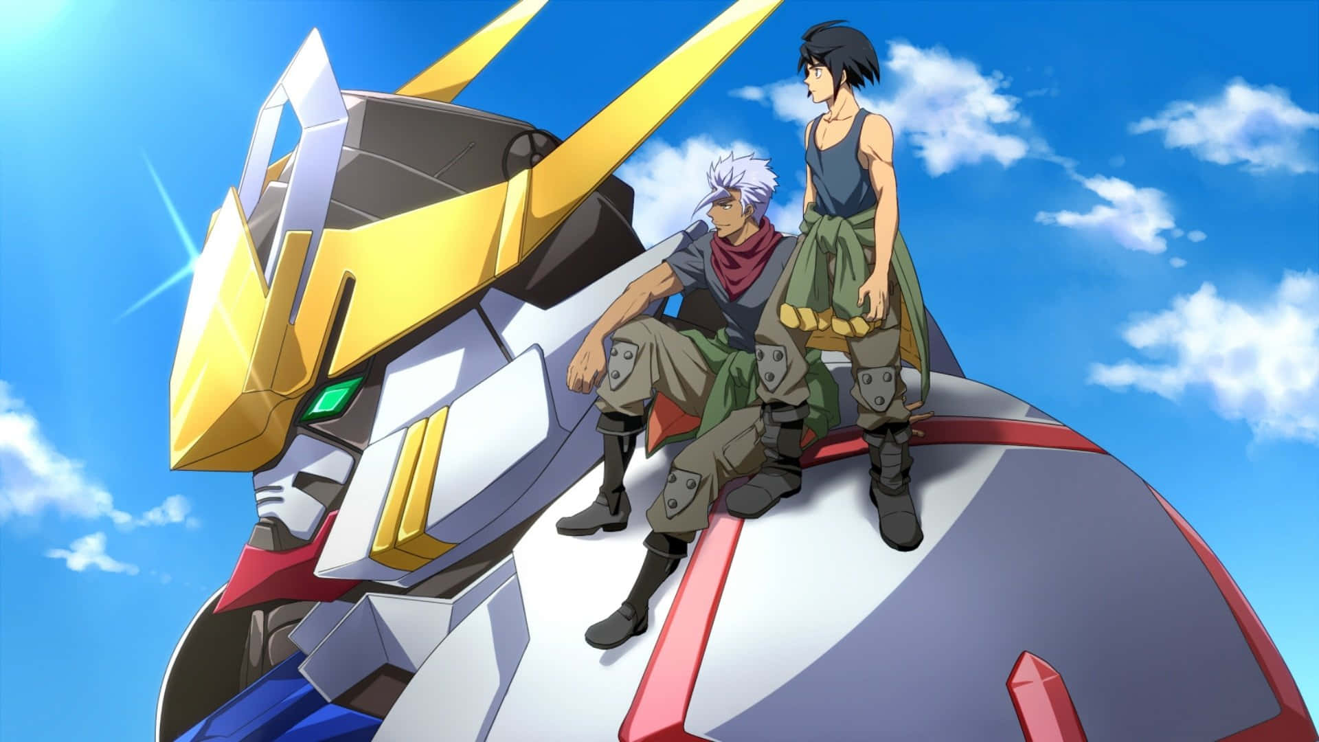 Mobile Suit Gundam Iron-blooded Orphans, golden and white robot, bright blue sky, Full HD Desktop Wallpaper