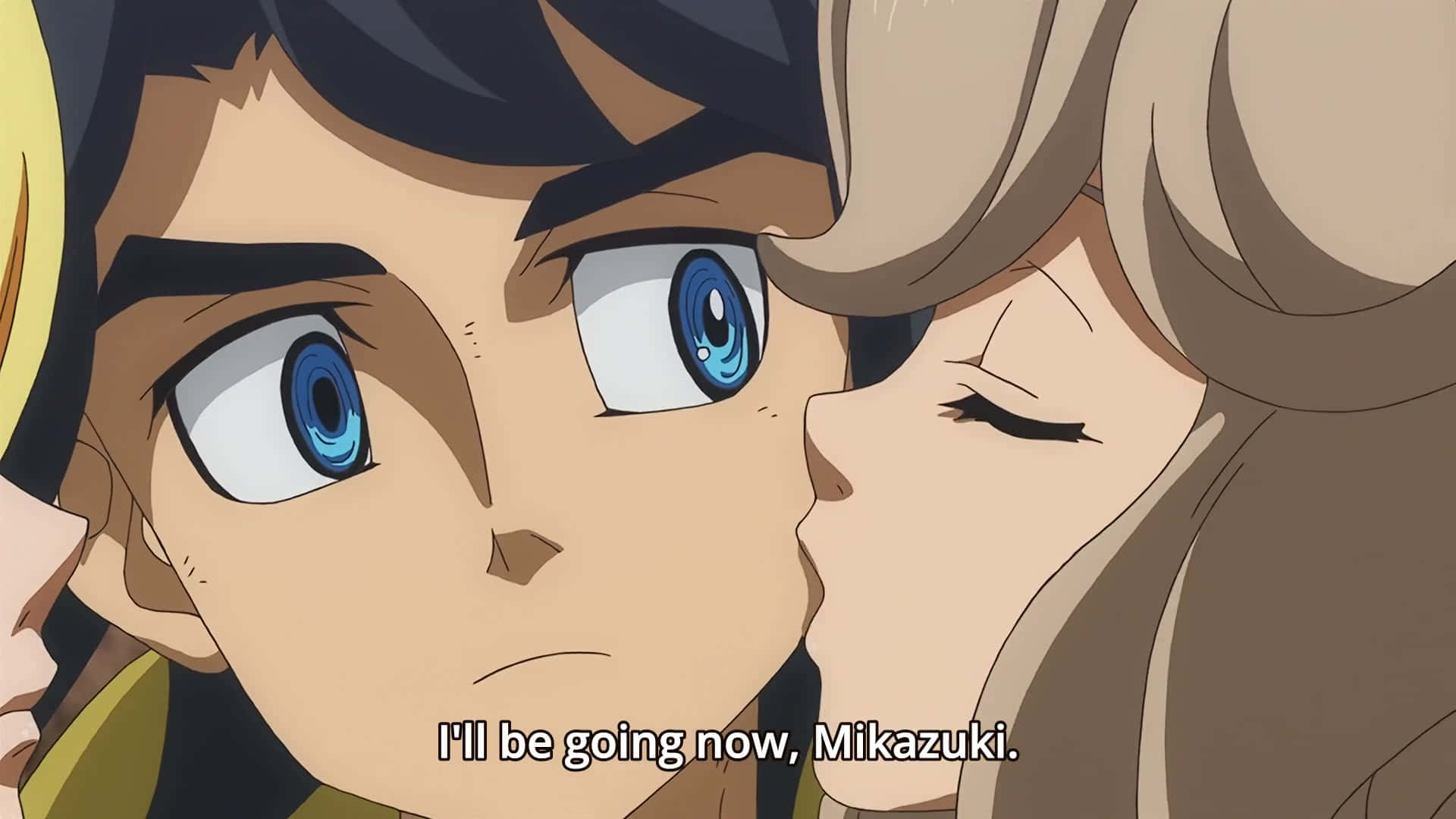 Mobile Suit Gundam Iron-blooded Orphans, boy with blue eyes, girl whispers goodbye near his ear, Full HD Desktop Wallpaper