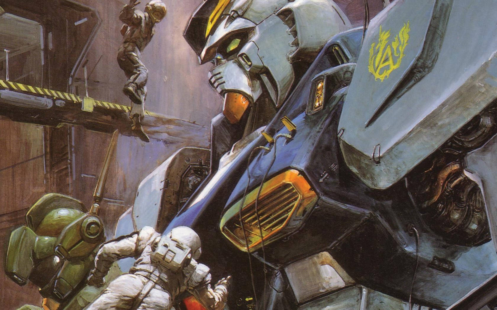 Mobile suit gundam, blue and white, technicians, HD Desktop Wallpaper