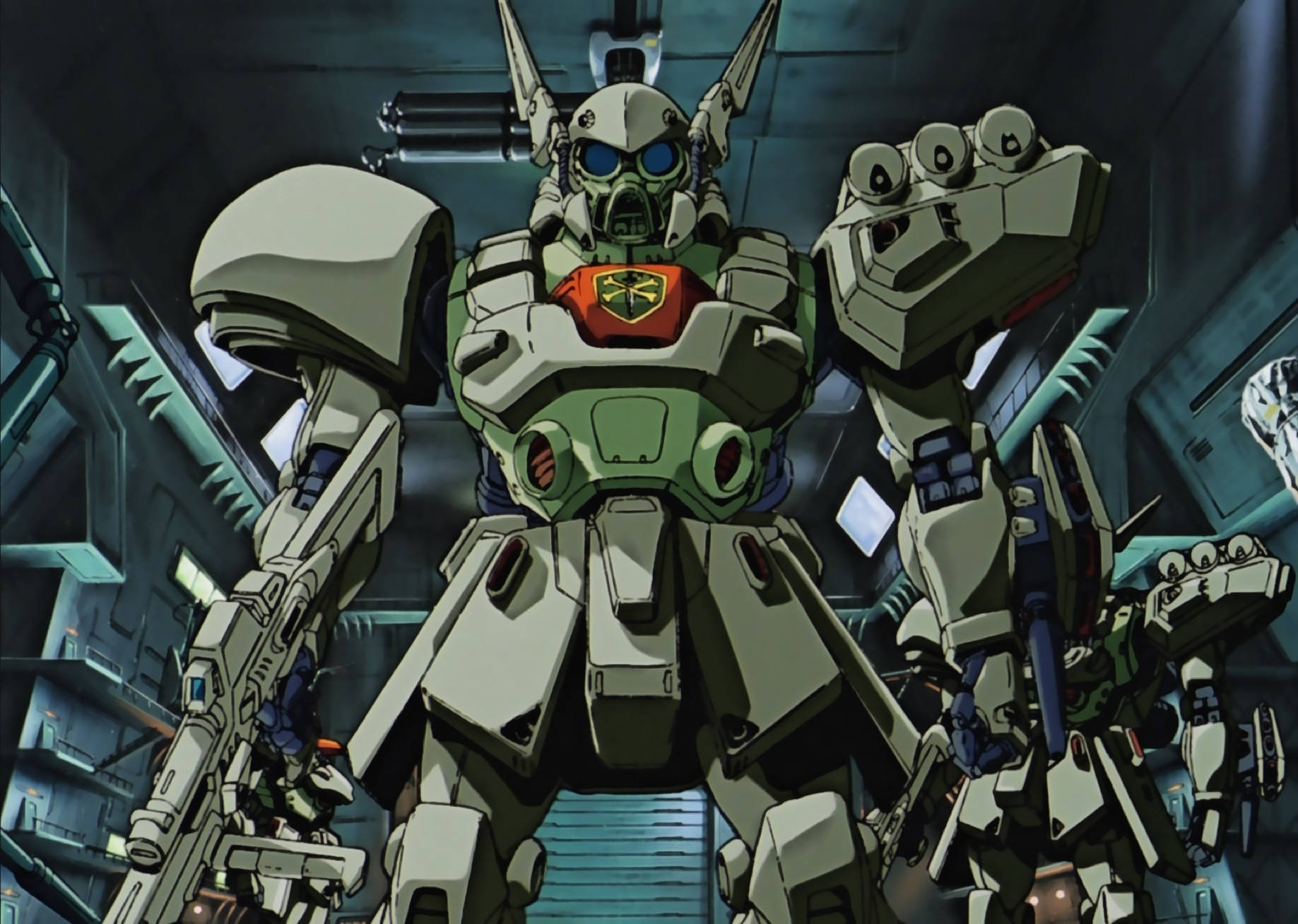 Mobile Suit Gundam, green and gray anime mech, glowing blue eyes, HD Desktop Wallpaper