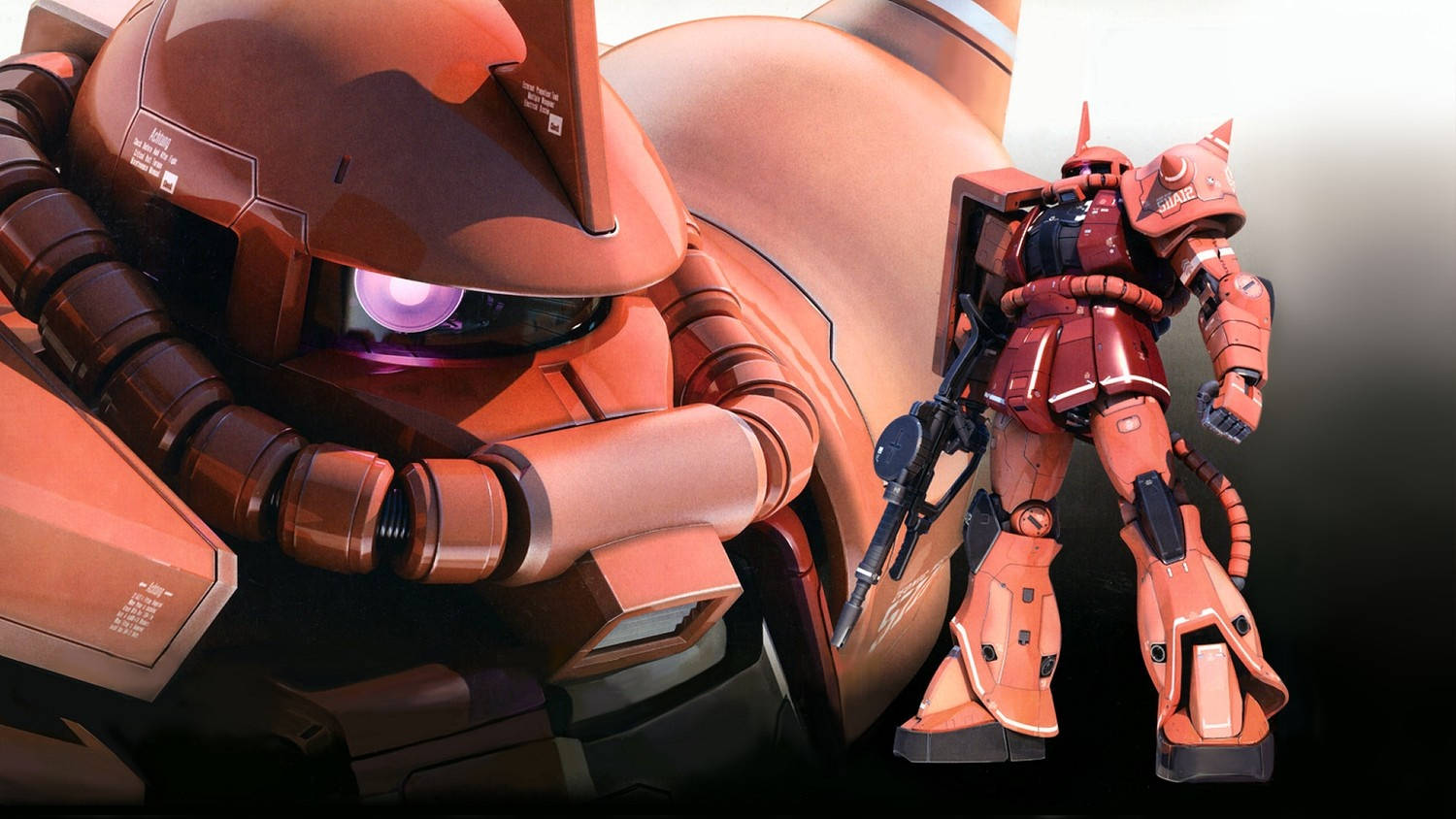 Mobile Suit Gundam, red and orange mechanized warrior, glowing purple eye, HD Desktop Wallpaper