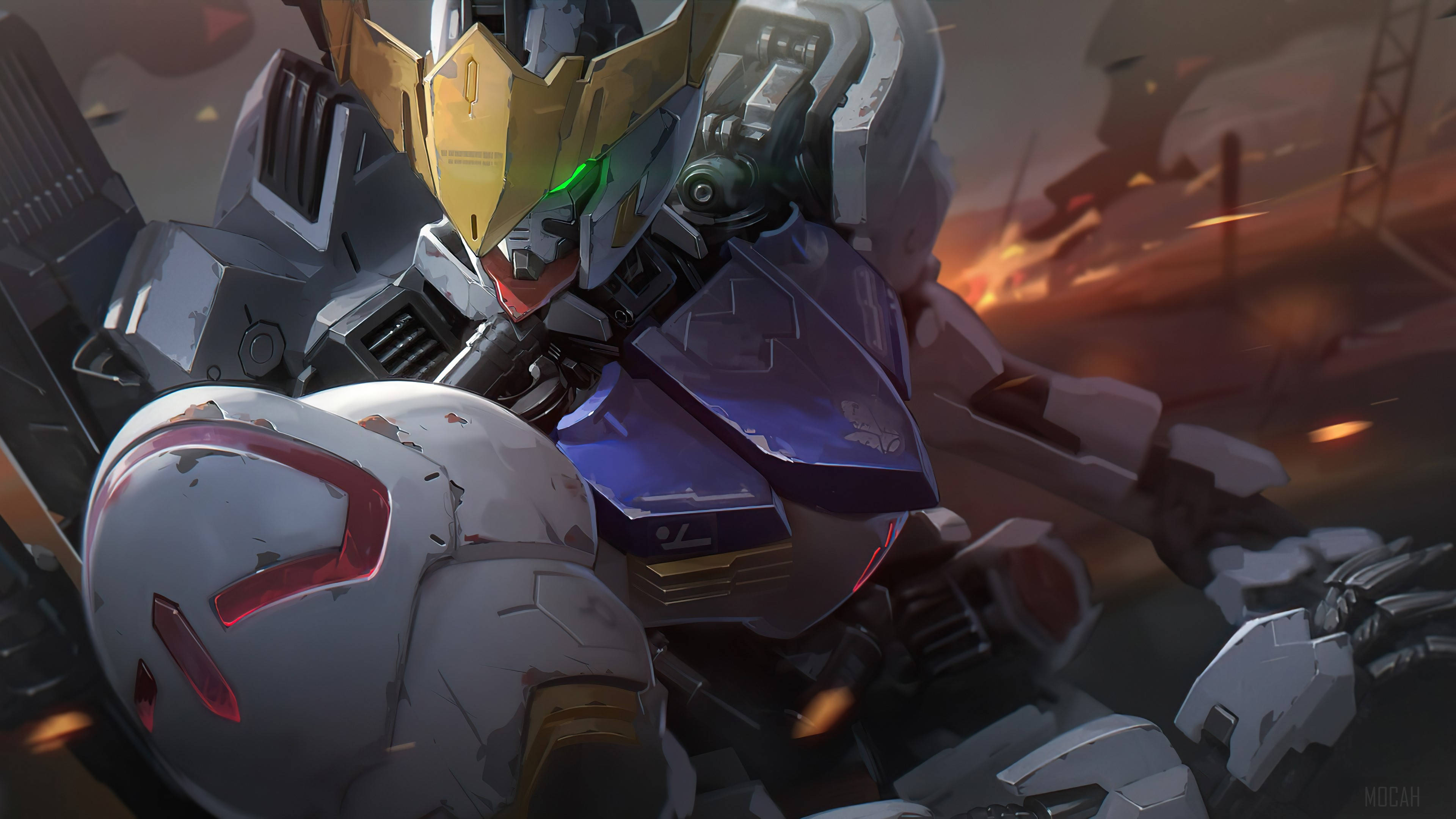 Mobile suit gundam, glowing green eyes, purple armor, 4K Desktop Wallpaper