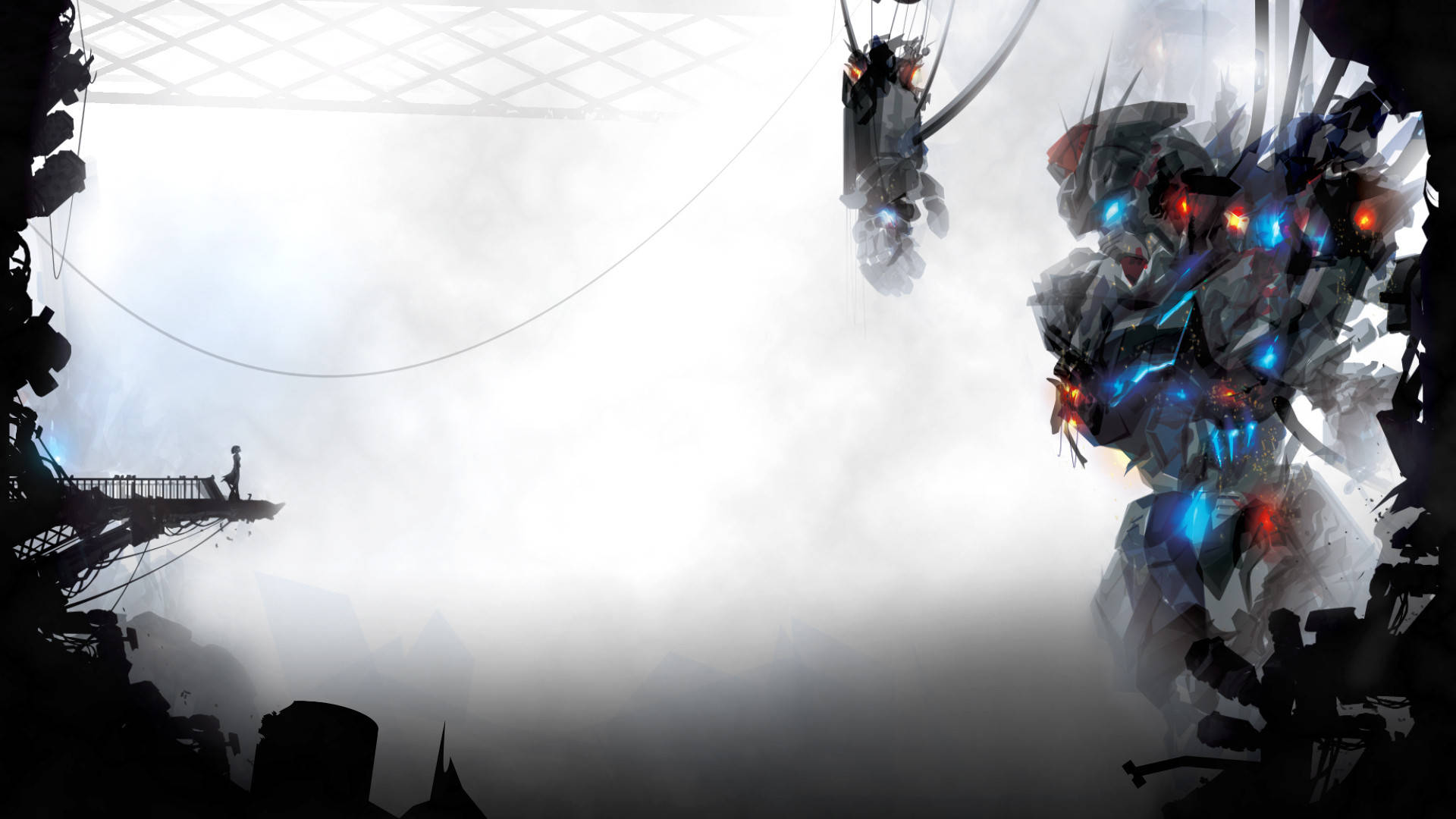 Mobile Suit Gundam, colossal glowing mech, misty ruins, Full HD Desktop Wallpaper
